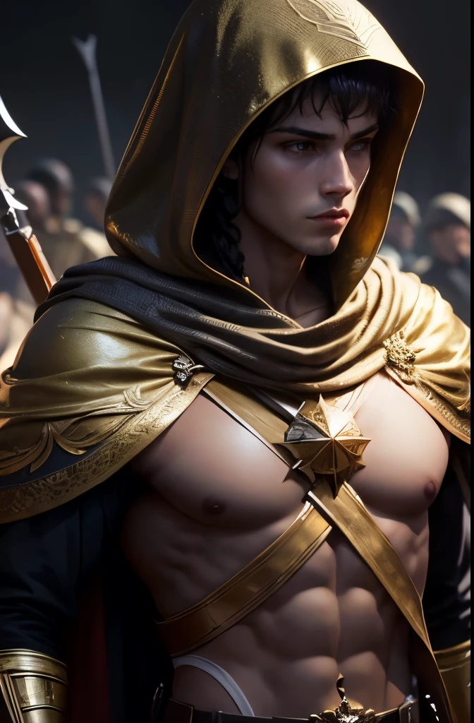 Realista, 4k, Anjos com asas grandes, roupas cor de ouro,brilhante,, uma espada, Head hood in war background image (caos)
