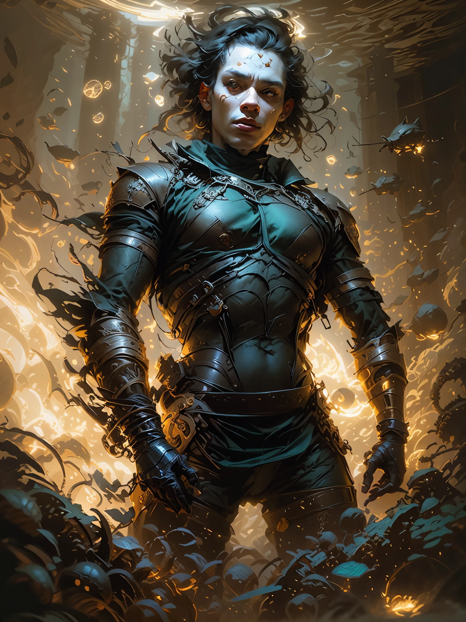 un hombre con armadura parada en un bosque con muchas calaveras, inspirado en Raymond Swanland, Estilo 8 0 tomasz alen kopera, por Aleksi Briclot, inspired por Aleksi Briclot, estilo de raymond swanland, greg escarabajo, epic digital art illustration, epic fantasy science fiction illustration, epic scifi character art, epic fantasy digital art style