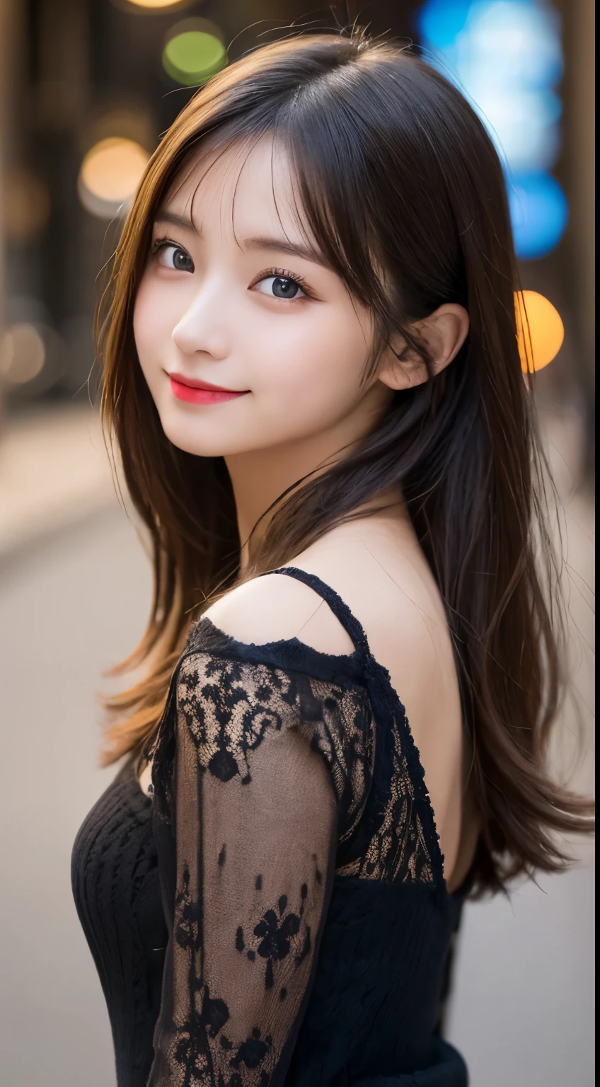 table top, highest quality, shape, Super detailed, finely, High resolution, 8k wallpaper, 完璧なダイナミックな構shape, finelyて美しい目, winter dress,medium hair, small breasts, natural color lip, random sexy pose,smile,big city、20 year old girl、midnight、beautiful and detailed face、perfect and beautiful face,Big eyes
