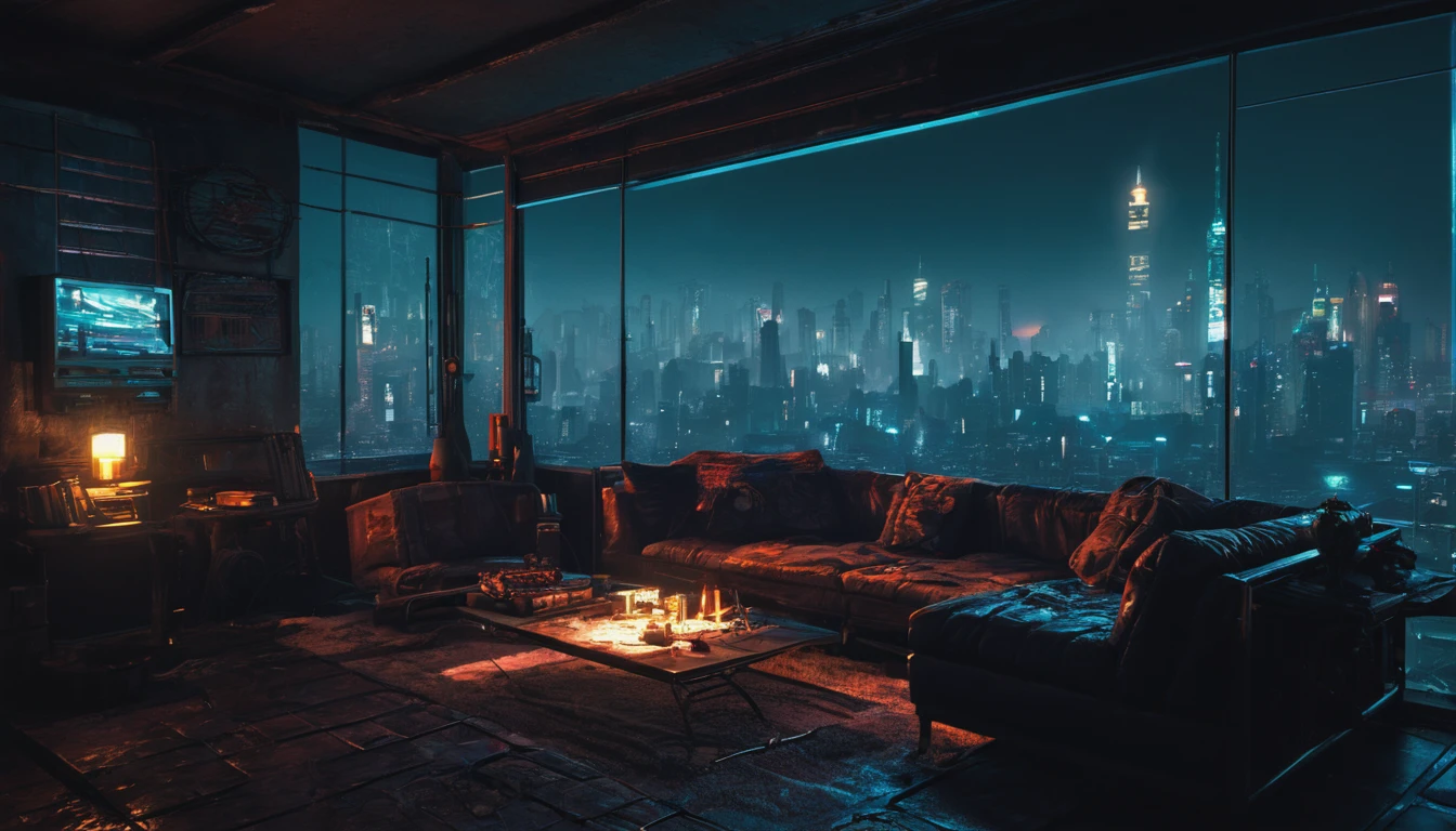 there is a moody dark living room in a balcony porch with a couch and a table with candles, overlooking a blade runner cyberpunk environment at night from 2 destroyed walls separated by a Wall mast, a matte painting inspired by Mike Winkelmann, cg society contest winner, retrofuturism, like a scene from blade runner, unreal engine. retro film still, blade runner vibes, the cyberpunk, cyberpunk setting, ancient cyberpunk 8k resolution, cyberpunk atmosphere, bladerunner, blade runner aesthetic