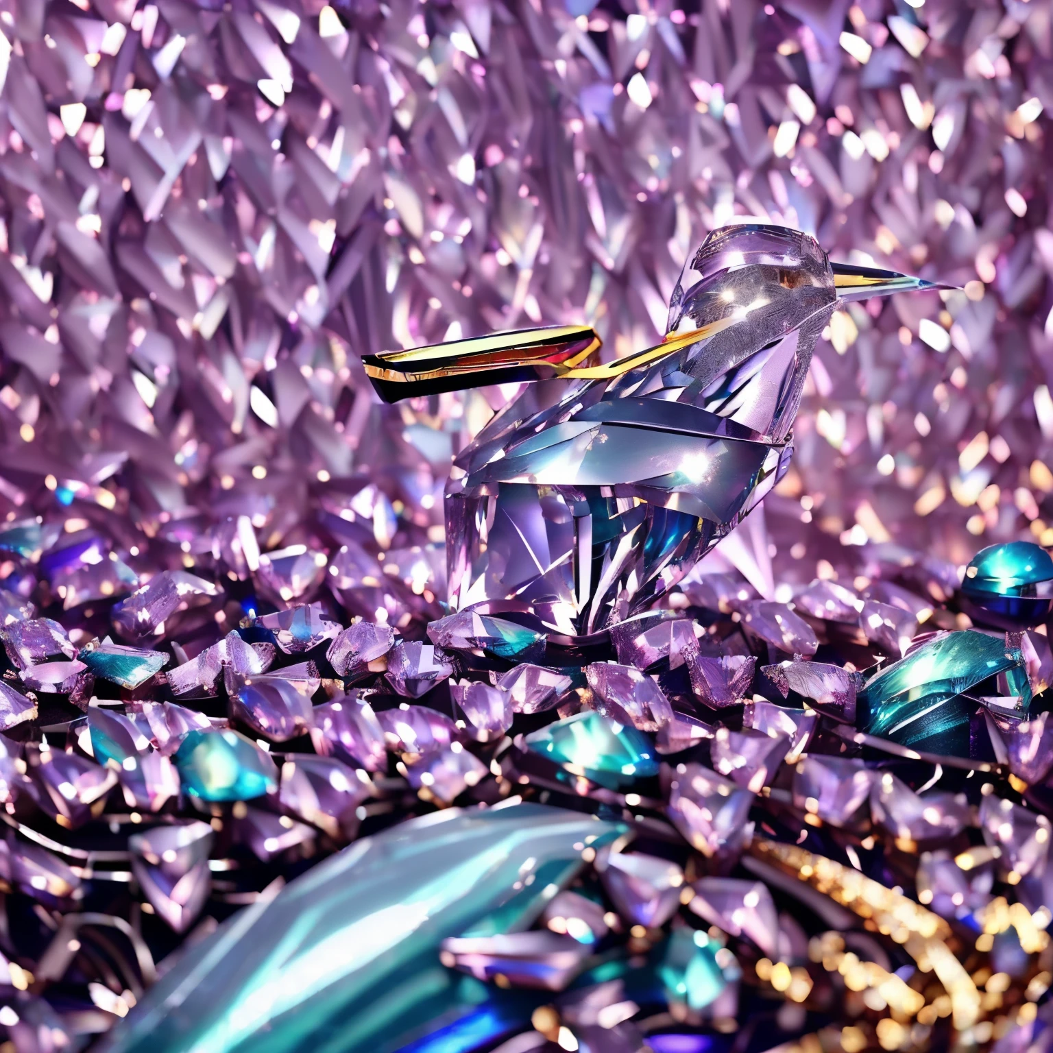 masterpiece, hummingbird made of (sparkling, shining brightly, shiny chrome plated, shiny gold plated, shiny silver plated:1.7) AND (sparkling, shining brightly, ruby, pink sapphire, blue topaz, emerald, amethyst, diamond, crystal, rainbow moonstone, white opal:1.4)