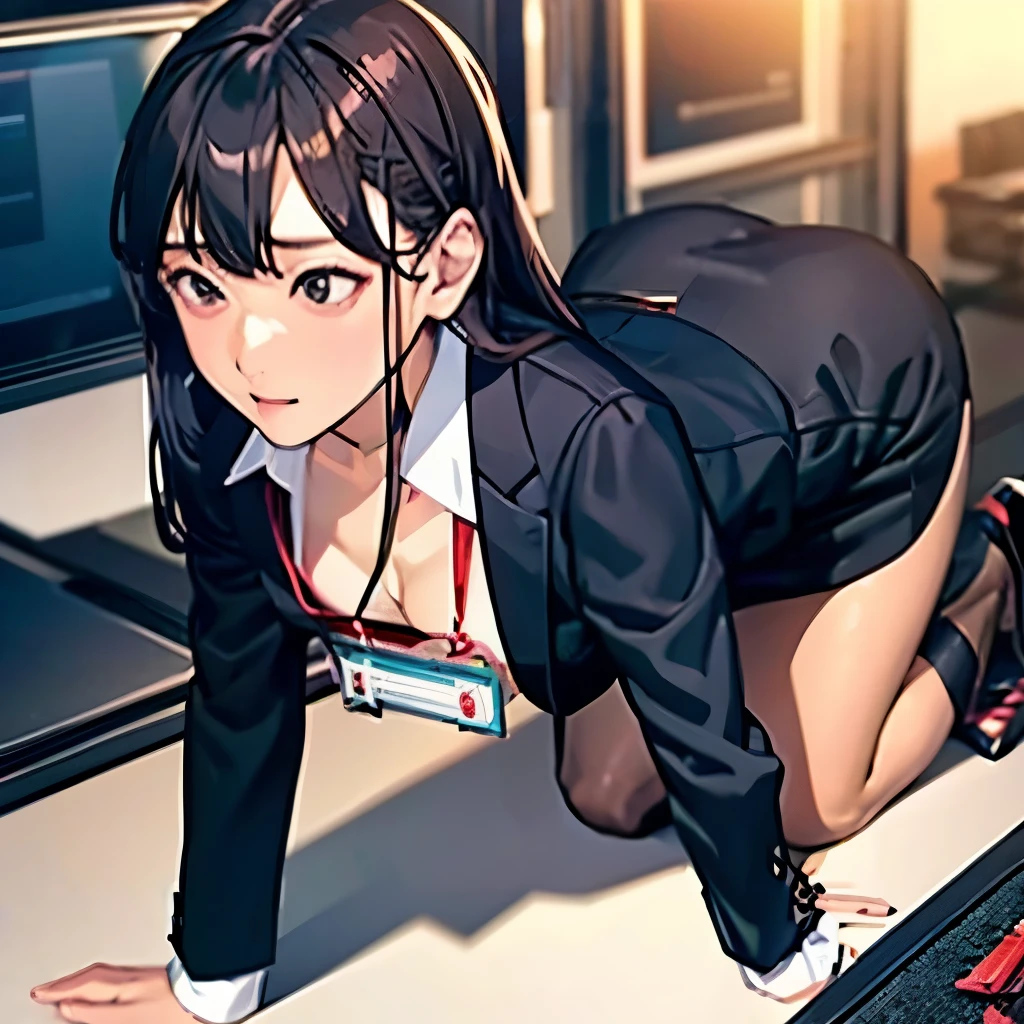 office,vaginal,sex,nsfw,1boy,From side,All fours,standing,ass stick out:1.5,torn pantyhose:1.5,ID card,cleavage,Black jacket,pencil skirt,job interview suit,lift skirt,look panty,ahegao,high heel,