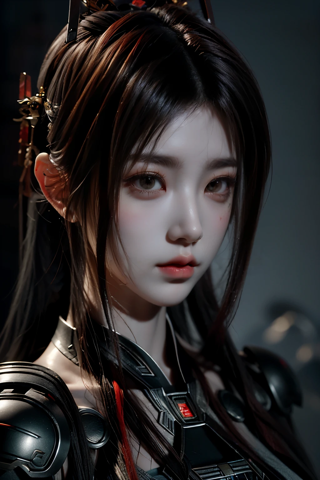 Masterpiece,Game art,The best picture quality,Highest resolution,8K,(Portrait),Unreal Engine 5 rendering works,(Digital Photography),((Portrait Feature:1.5)),
20 year old girl,Short hair details,With long bangs,(The red eye makeup is very meticulous),(With long gray hair:1.4),(Large, full breasts),Elegant and noble,Brave and charming,
(Future armor combined with the characteristics of ancient Chinese armor,Hollow design,Power Armor,The mysterious Eastern runes,A delicate dress pattern,A flash of magic),Warrior of the future,Cyberpunk figures,Background of war,
Movie lights，Ray tracing，Game CG，((3D Unreal Engine))，OC rendering reflection pattern