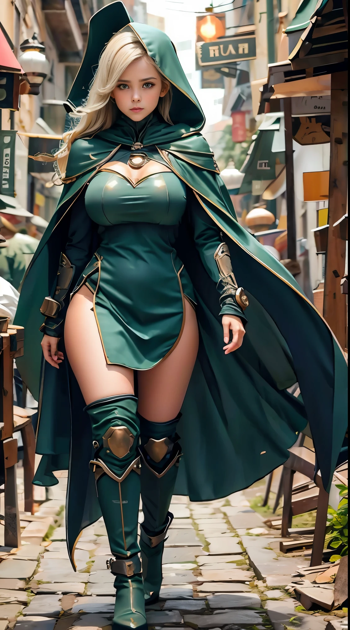 Sexy woman big breasts muscular athletic body wearing super girl outfit nsfw blonde hair nudity green cape hooded metal boots robotic arms 