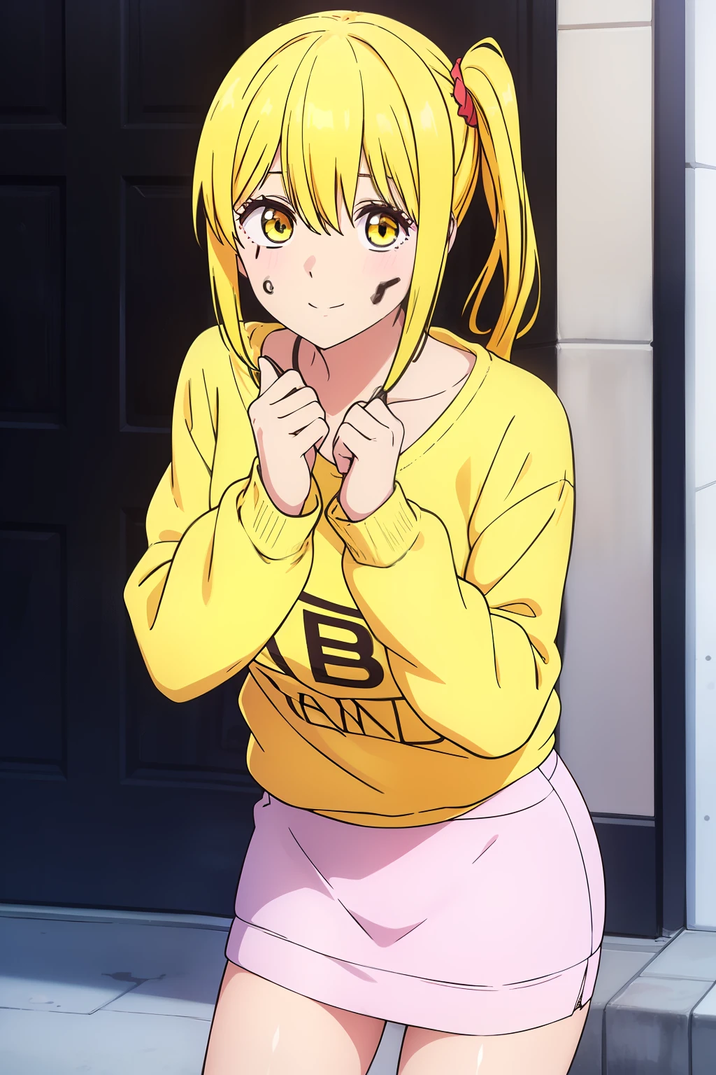 master piece, best quality, 8k, ultra high resolution, highest quality, anime style, best writing, beautiful face, Beautiful illustrations, 1 girl, solo、long hair, yellow eyes, (side ponytail:1.3), blonde, Bruise on face, best smile, blush, (white sweatshirt:1.3), (Check pattern skirt:1.3), Scrunchies in the hair, best lighting, In town, In front of the station, close up, free pose