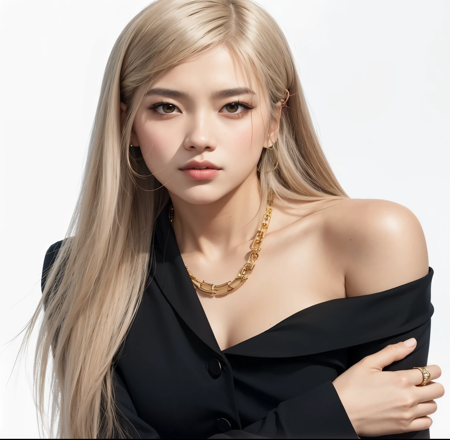 Mujer araffe con cabello largo y rubio, vestida con un top negro y un collar de cadena de oro., roseanne park of rosa negro, portrait of jossi of rosa negro, jossi of rosa negro, lalisa manoban of rosa negro, Lalisa Manobal, portrait jisoo rosa negro, Kpop idol portrait, jisoo of rosa negro, Korean idol woman portrait, jisoo from rosa negro, rosa negro