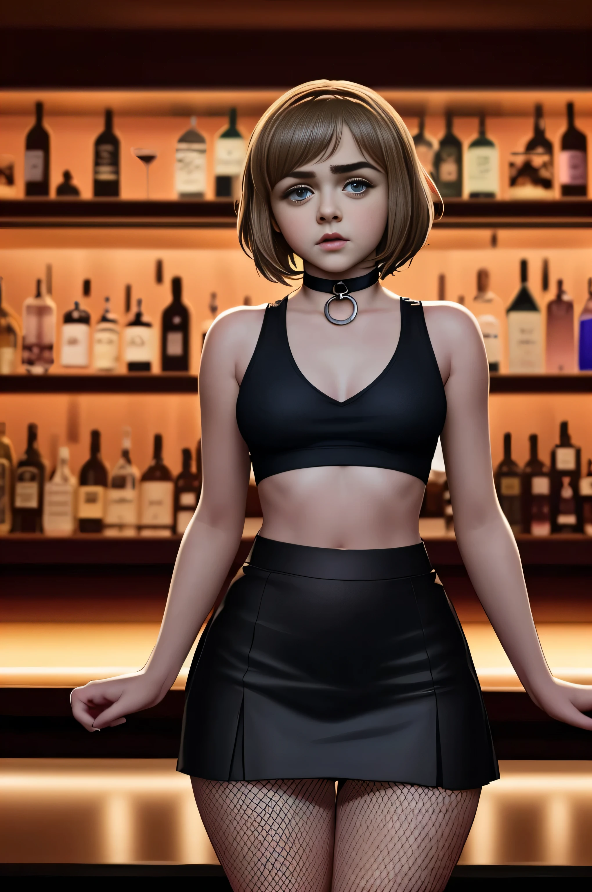 Maisie Williams, masterpiece quality, realistic, lots of detail, 1girl, solo, alone, (alone:1.9), in a fancy bar, short hair, wearing white crop top, midriff, wearing black miniskirt, wearing choker collar, wearing fishnet stockings, thin body, small breasts, seductive face, 