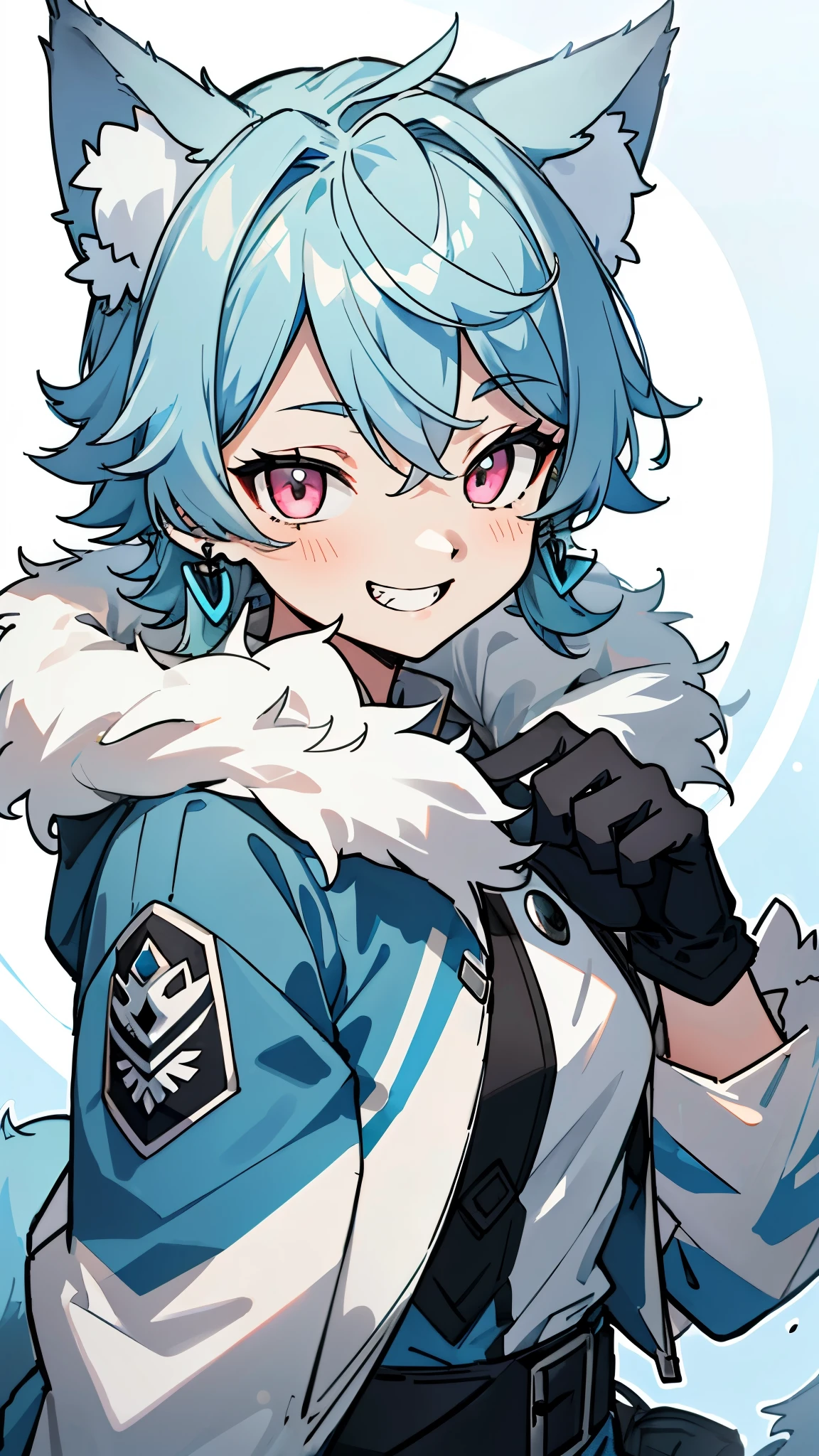 1 girl、(female wolf:1.5)、 (Light blue fur:1.3)、 (fluffy tail:1.2)、small breasts、pink eyes、grin、blue earing、Fluffy animal ears、riders jacket、black gloves、upper body close-up、sharp outline