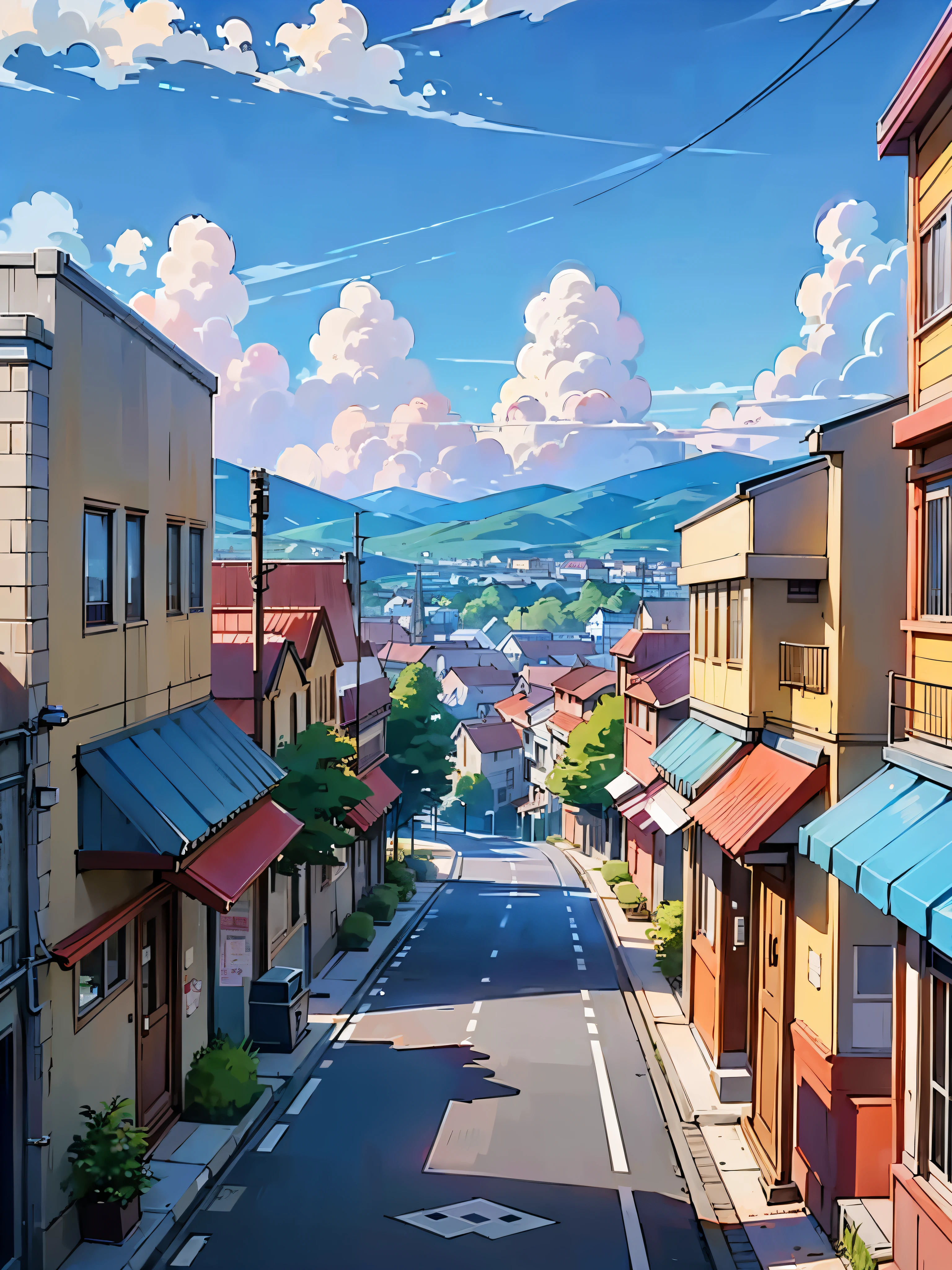 Anime-style street scene，A woman walks down the street, anime style cityscape, Anime background art, Small town background, hd anime cityscape, anime backgrounds, Anime style 4k, streets background, Downtown background, Anime landscapes, anime movie backgrounds, style of anime. 8K, Anime countryside landscape, Anime landscape concept art, Small town, Anime landscapes, beautiful anime scenery, no people