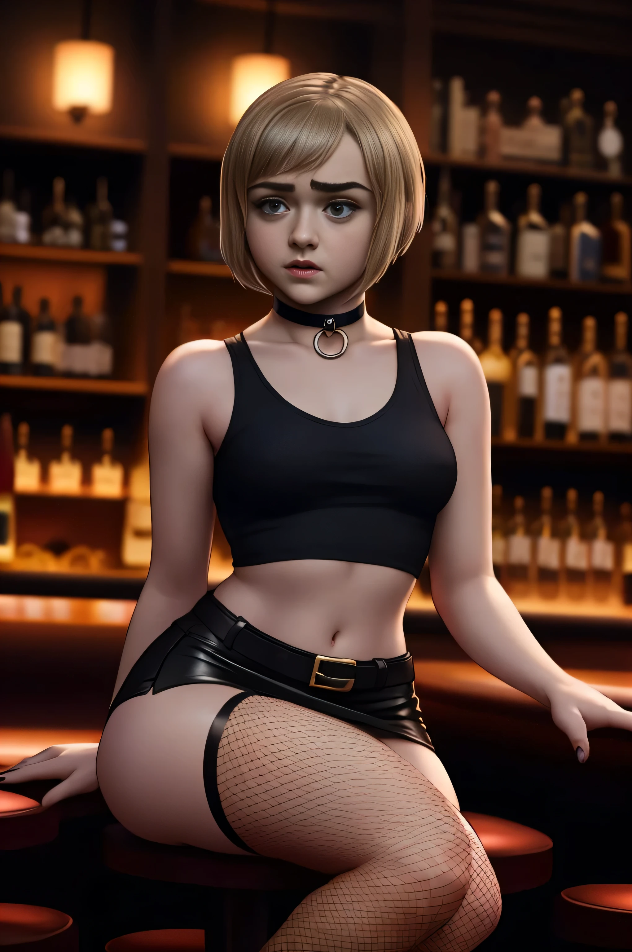 Maisie Williams, masterpiece quality, realistic, lots of detail, 1girl, solo, alone, (alone:1.9), in a fancy bar, short hair, wearing small black crop top, midriff, wearing black miniskirt, wearing choker collar, wearing fishnet stockings, thin body, small breasts, seductive face,