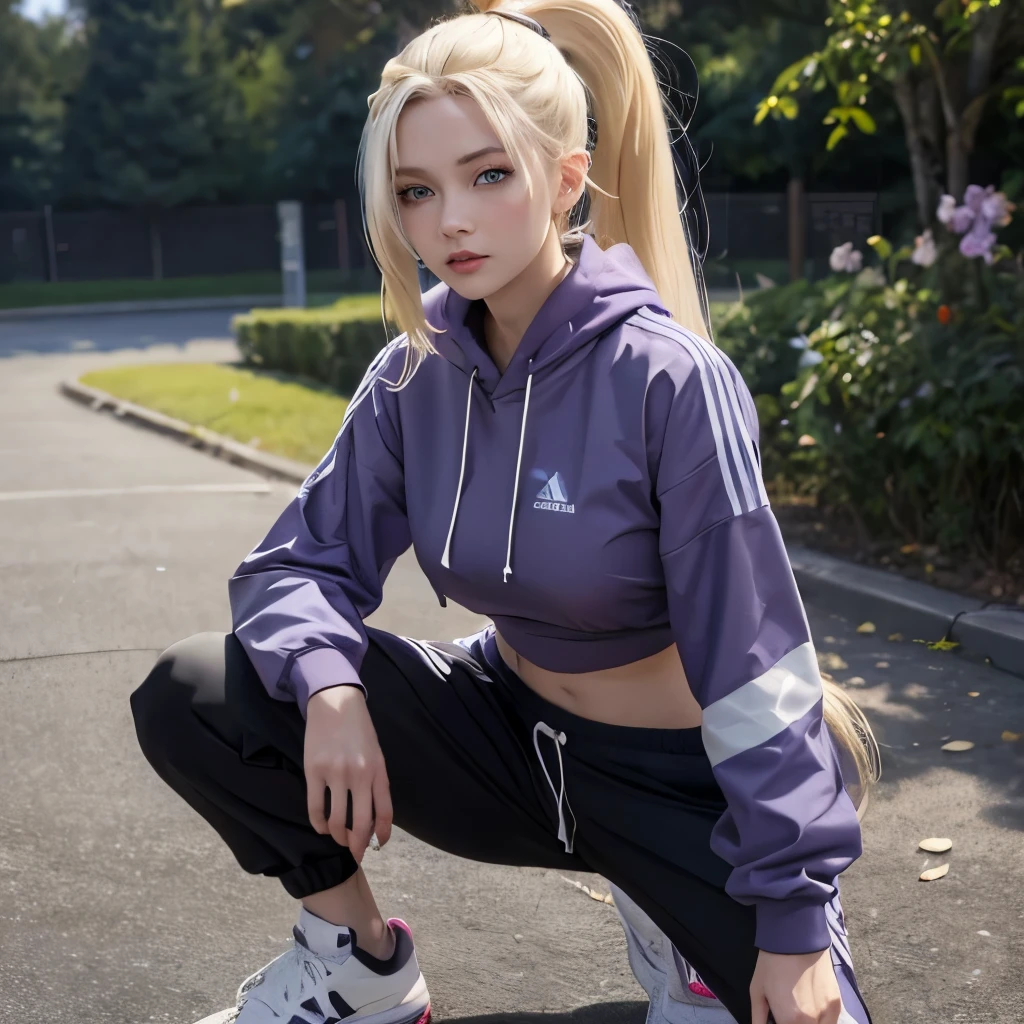 Ino from anime naruto, long hair, blonde hair, ponytail, beautiful woman, beautiful, perfect body, perfect breasts, wears purple Adidas hoodie, black jogger pants, wears white Nike Jordan shoes, looking at viewer, realism, masterpiece, textured skin, super detail, high detail, high quality, best quality, 1080p, 16k,  big breast, ((jogging))  adult