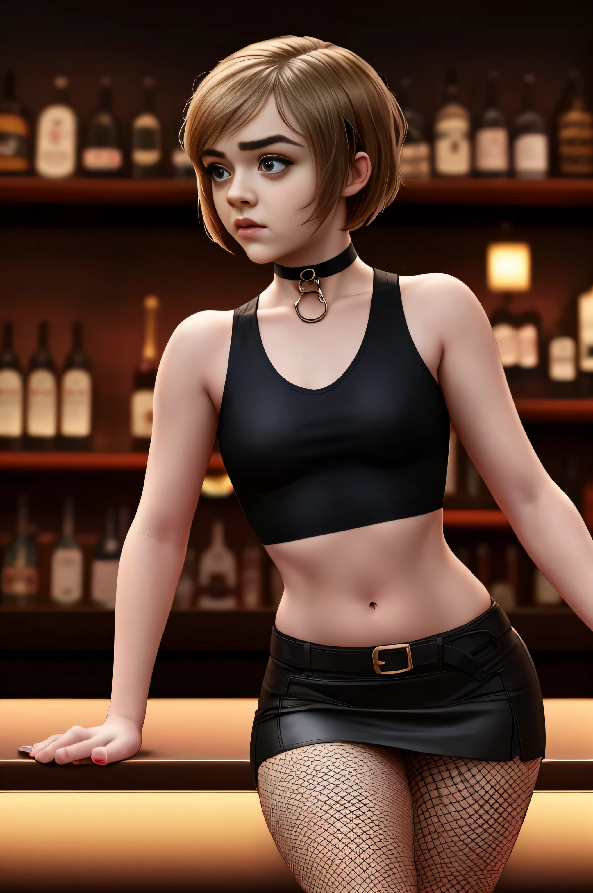 Maisie Williams, masterpiece quality, realistic, lots of detail, 1girl, solo, alone, (alone:1.9), in a fancy bar, short hair, wearing small black crop top, midriff, wearing black miniskirt, wearing choker collar, wearing fishnet stockings, thin body, small breasts, seductive face, 