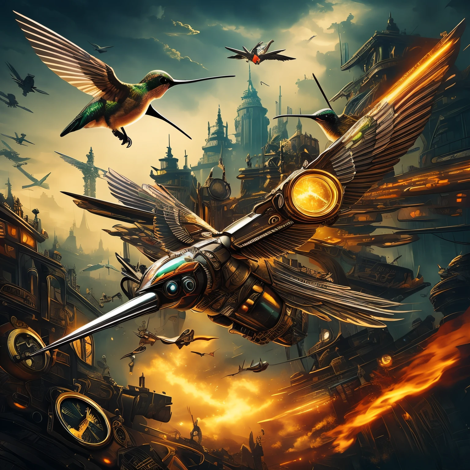 masterpiece, hummingbird, steampunk, dieselpunk, clockpunk, blend art, mixture art, fractal art, art design, motion-blur, action-lines, speed-lines
