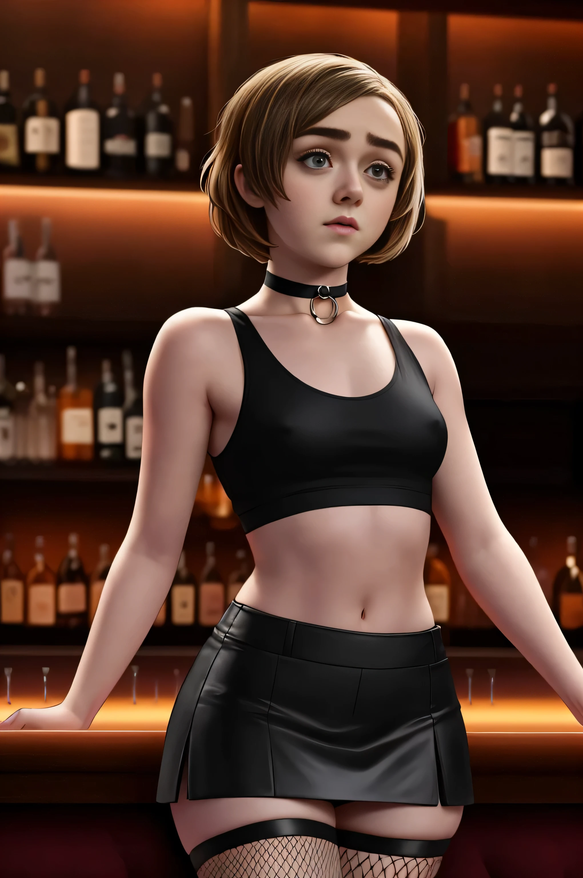 Maisie Williams, masterpiece quality, realistic, lots of detail, 1girl, solo, alone, (alone:1.9), in a fancy bar, short hair, wearing small black crop top, midriff, wearing black miniskirt, wearing choker collar, wearing fishnet stockings, thin body, small breasts, seductive face, 