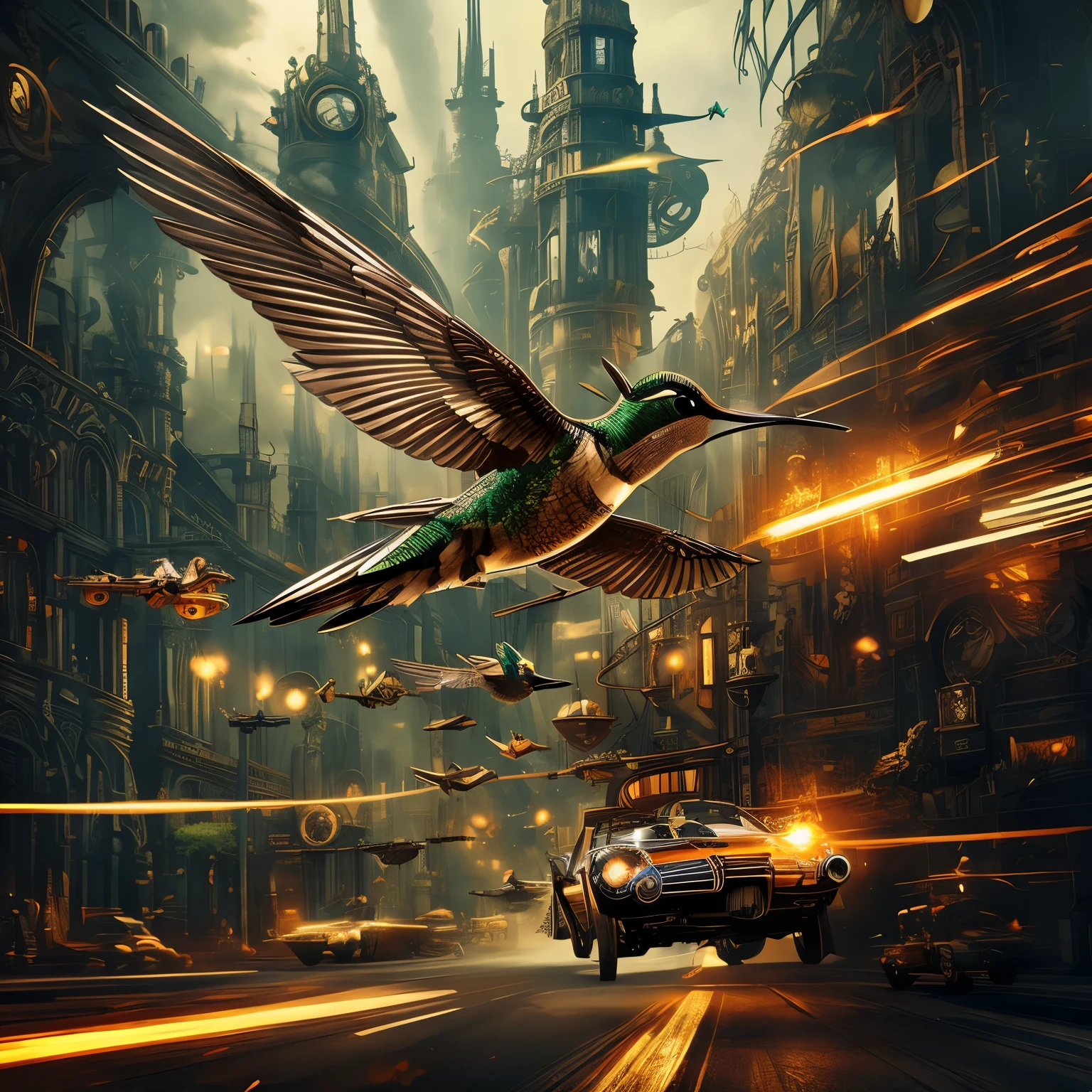 masterpiece, hummingbird, steampunk, dieselpunk, clockpunk, blend art, mixture art, fractal art, art design, motion-blur, action-lines, speed-lines