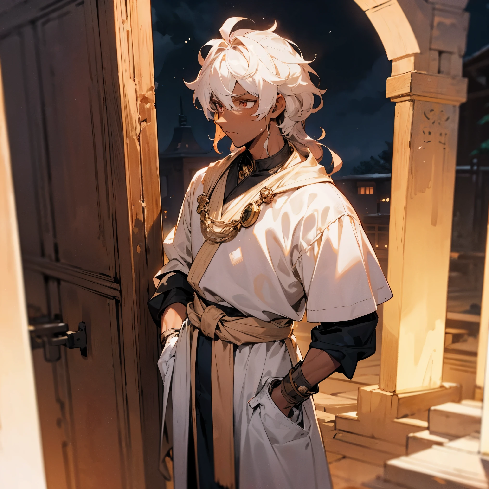1male, adult, dark skin, finely detailed peach eyes, medium messy wavy hair, undercut, floral white ombré hair color, adventurer clothing, gloves, goggles, standing with hand in pocket, standing in shrine, night, village, serious, confident, tied to waist
