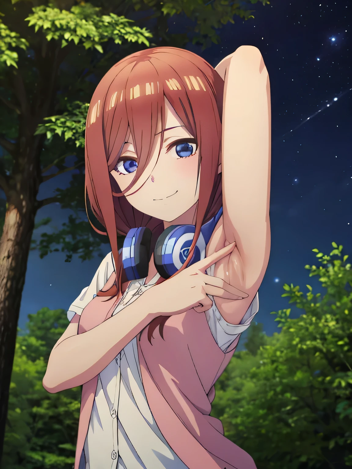 high quality, closed mouth, solo, upper body, night sky, forest, arms behind head, contrapposto, expressionless, spread armpits, small smile, miku nakano, cardigan, headphones around neck, looking at viewer, smile