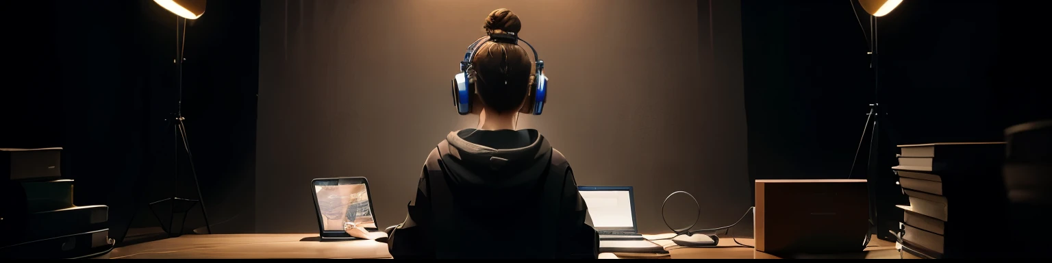 Masterpiece, best quality, shooting stage, set from afar, video-camera, softbox, 28-years-old girl waist-high, short, dark-brown hair, hair bun, tiny girl commanding behaviour, oversize hoodie, big headphones, coffee cup, laptop, books