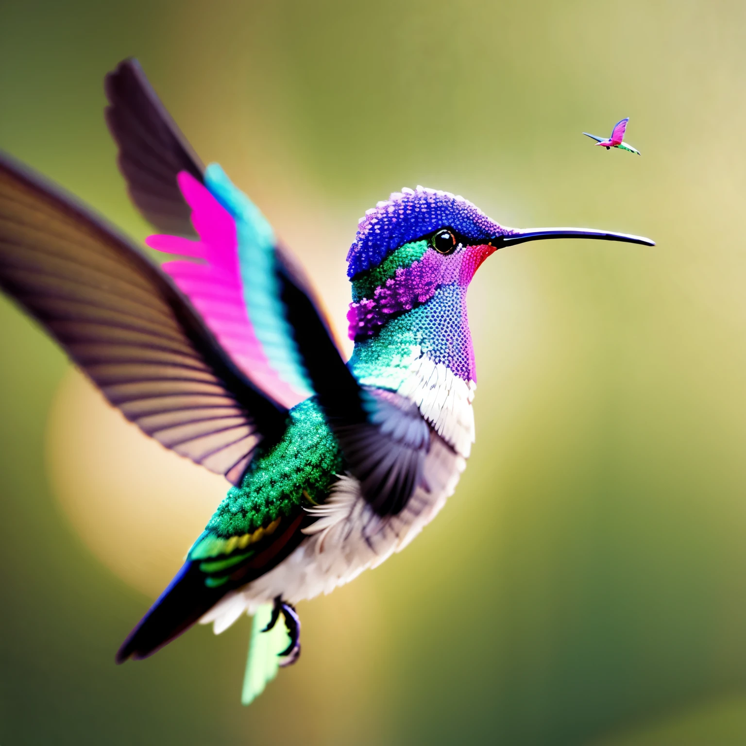 masterpiece, hummingbird AND hummingbird AND hummingbird, background fantasy art, pastel colored forest