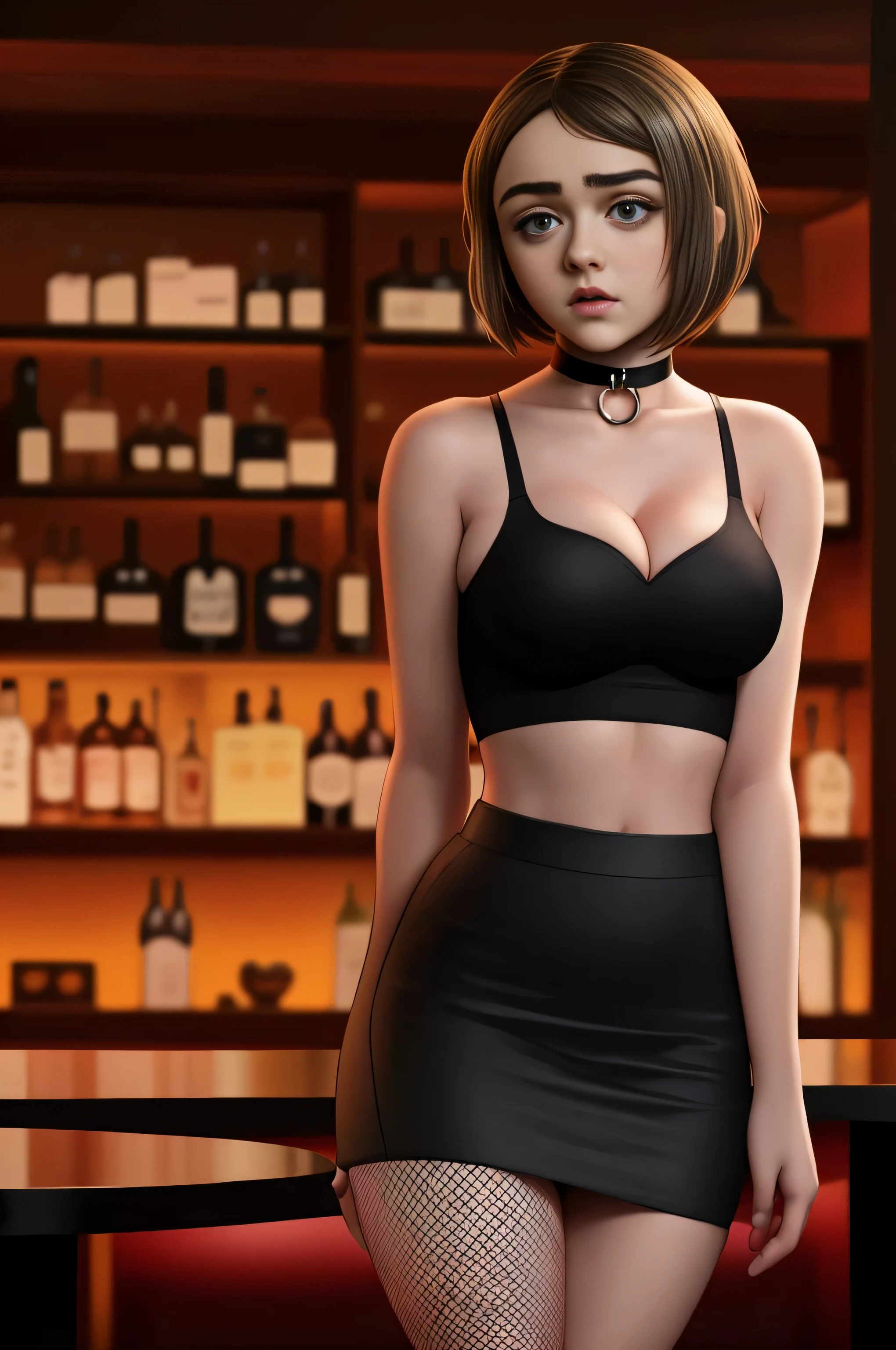 Maisie Williams, masterpiece quality, realistic, lots of detail, 1girl, solo, alone, (alone:1.9), in a fancy bar, short hair, wearing small black crop top, midriff, wearing black miniskirt, wearing choker collar, wearing fishnet stockings, thin body, average breasts, (average breasts:1.2), lots of cleavage, seductive face, 