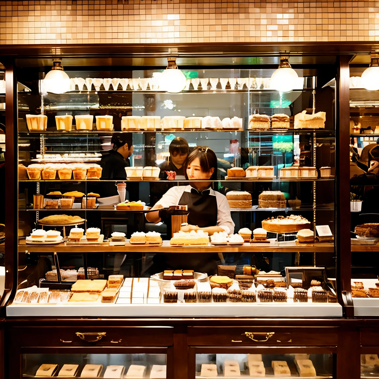 Cafe&Inside the cake shop、Crowded with customers, glass cake display shelf、pianist、party
