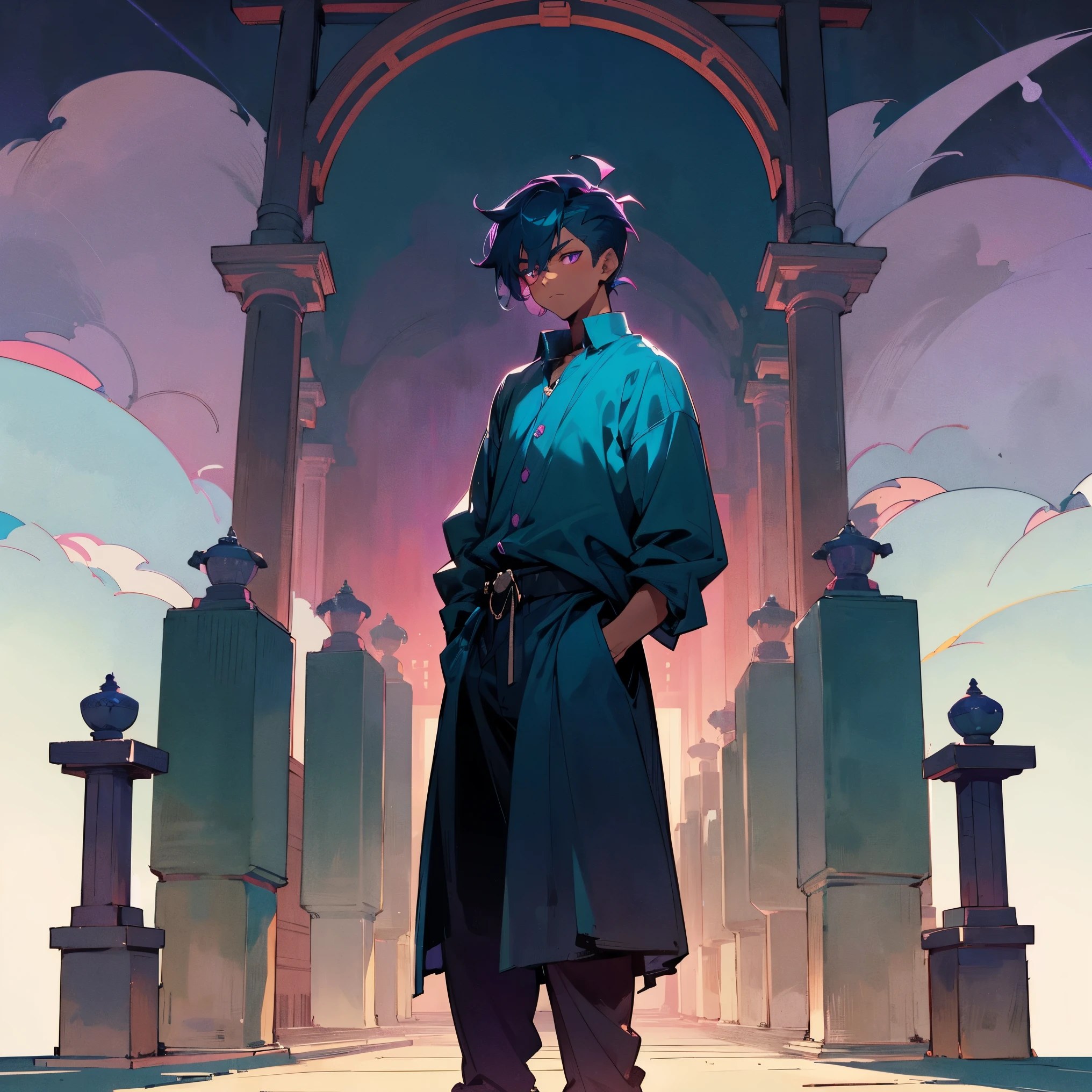 1male, adult, dark skin, finely detailed violet eyes, short messy hair, teal ombré hair color, undercut, loose button down, loose baggy pants, standing with arms folded, standing in shrine, night, somber expression, village, serious, handsome
