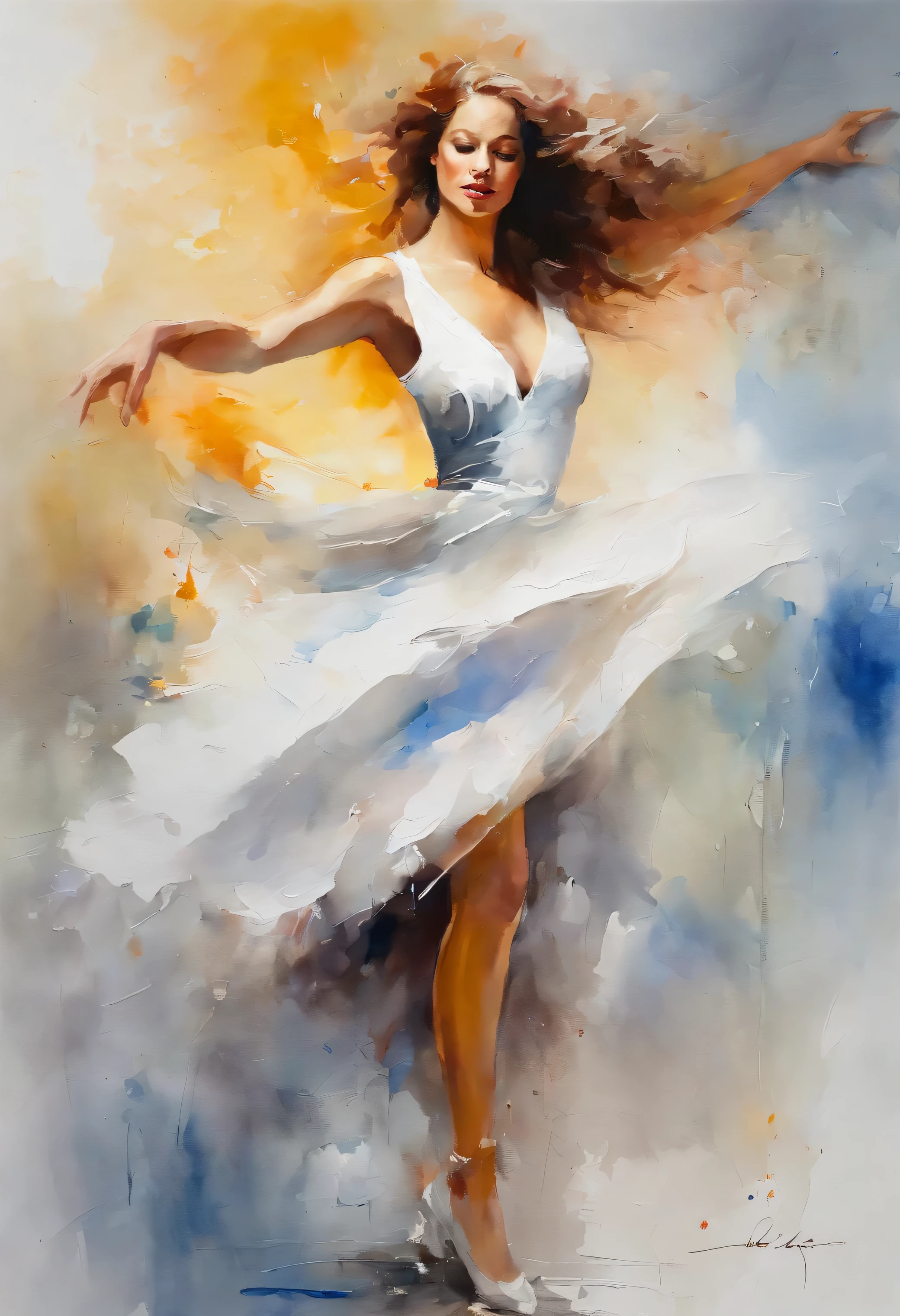 Painting of a woman in a white dress dancing, Dancing with grace, Elegant watercolor painting, Digital art watercolor painting, first watercolor painting, inspired by Olha Darchuk, Watercolor art, Beautiful UHD 4K art, Dance sensual, Smooth watercolor painting, In the style of Steve Henderson, Steve Henderson, watercolor - painting, watercolor painting, Elegant digital painting