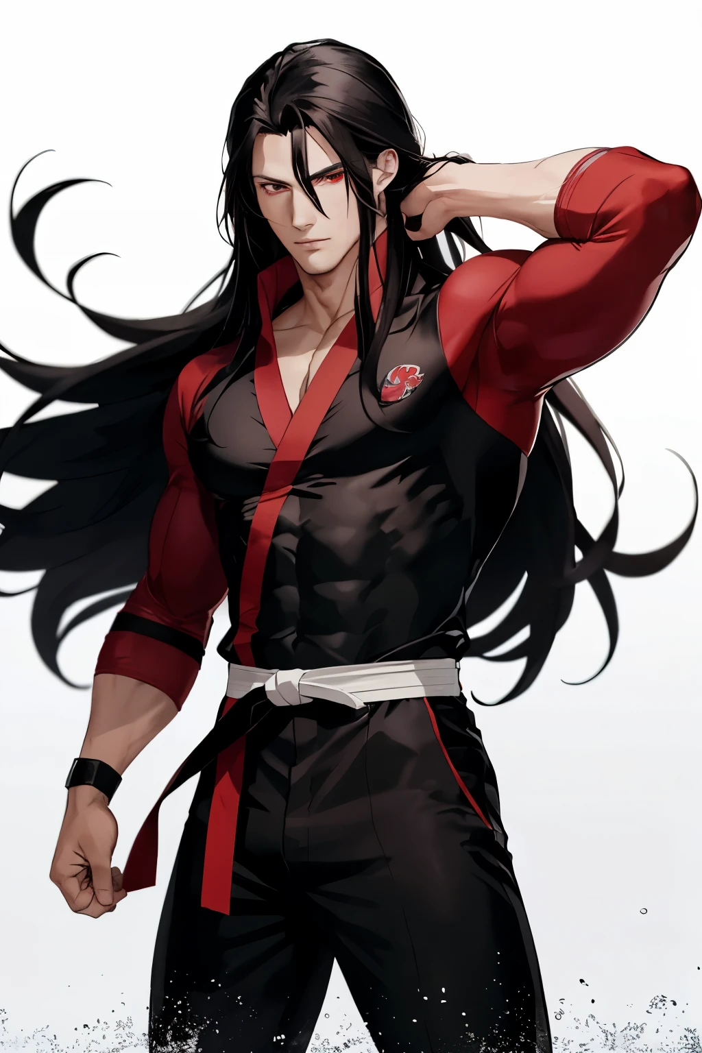 A man with long black hair, red eyes, white skin, muscular, a very handsome face, wearing a black karate outfit with a red belt anime