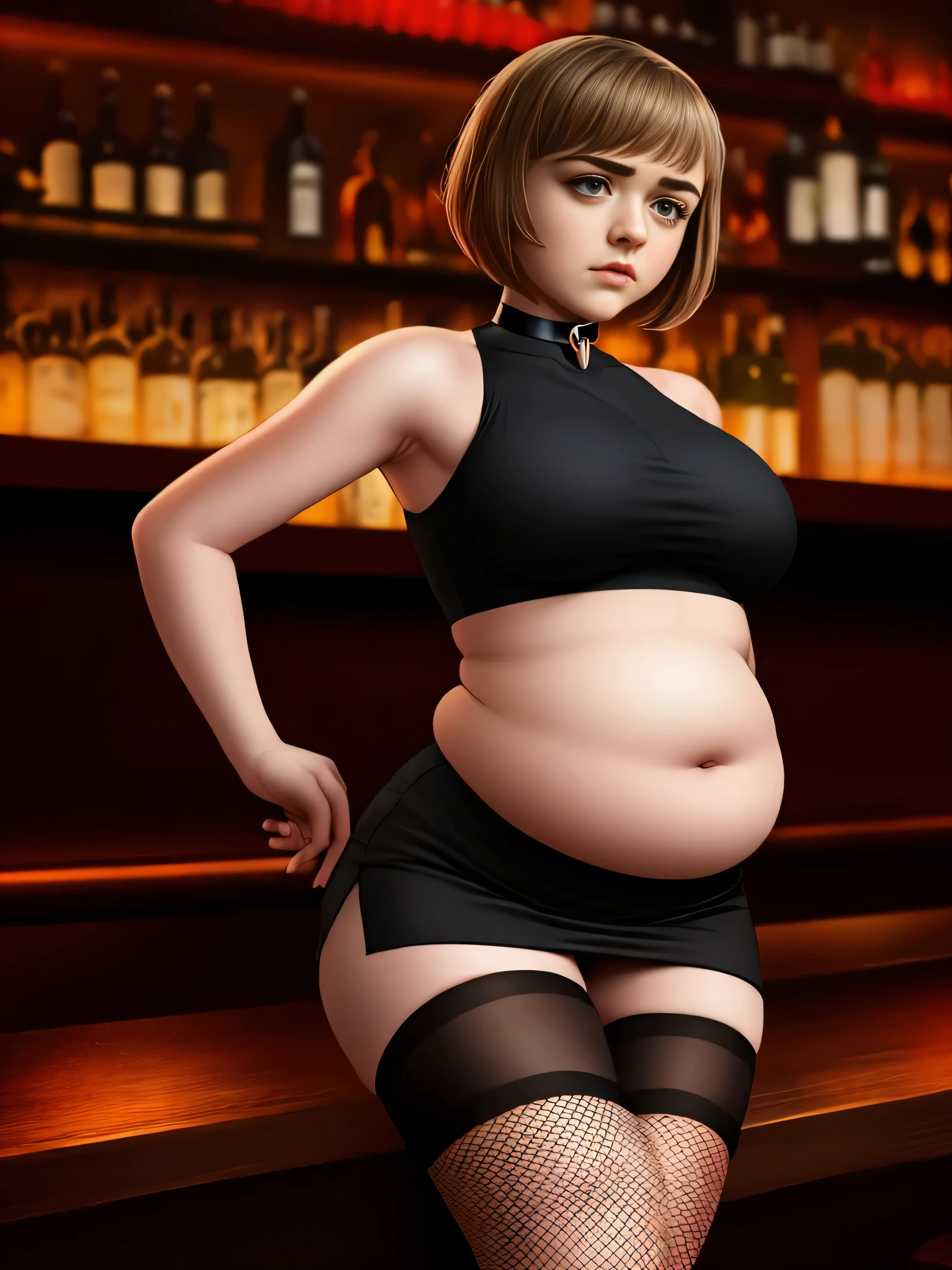 Maisie Williams, masterpiece quality, realistic, lots of detail, 1girl, solo, alone, (alone:1.9), in a fancy bar, short hair, wearing small black crop top, midriff, wearing black miniskirt, wearing choker collar, wearing fishnet stockings, chubby body, chubby belly, (chubby belly:1.2), average breasts, (average breasts:1.2), lots of cleavage, seductive face,