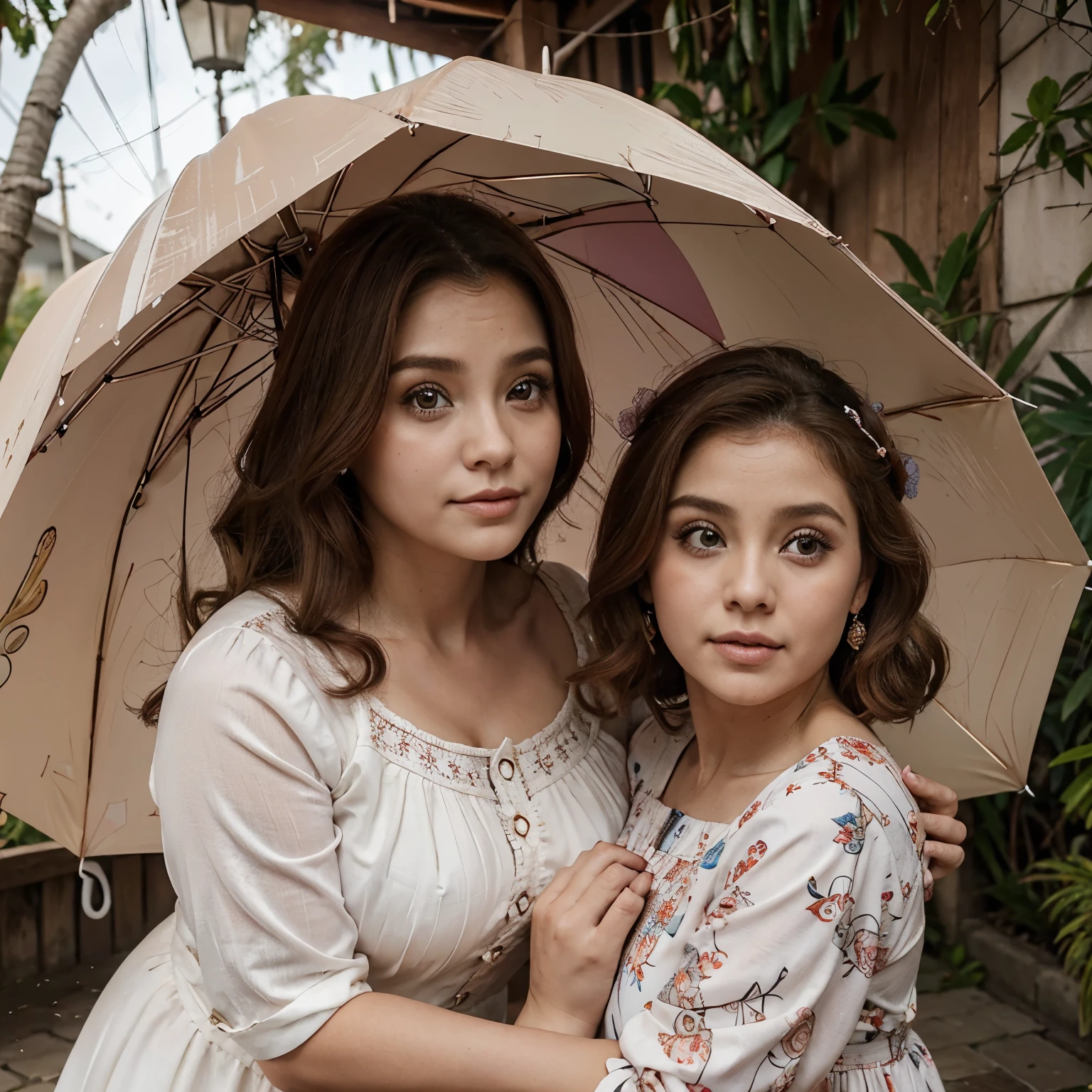 Uma de olhos esverdeados bem claros, com cabelos ondulados e volumosos loirinhos e pele clara. Usando um vestido da cor marrom com babados de cores mais escuras, her cheeks rosy and with an umbrella in her hands.