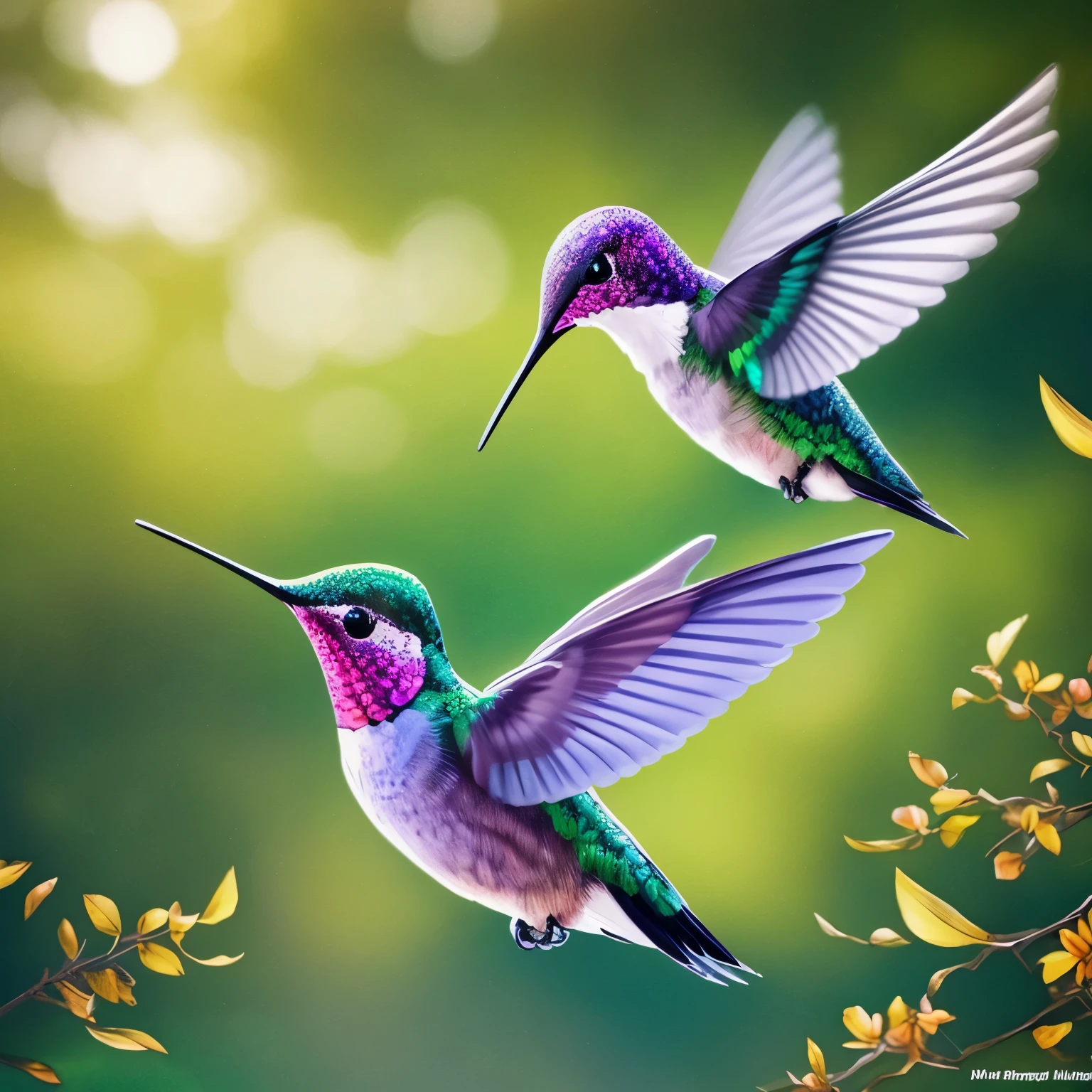 masterpiece, hummingbird, wind, wind-effect, background fantasy art, pastel colored forest