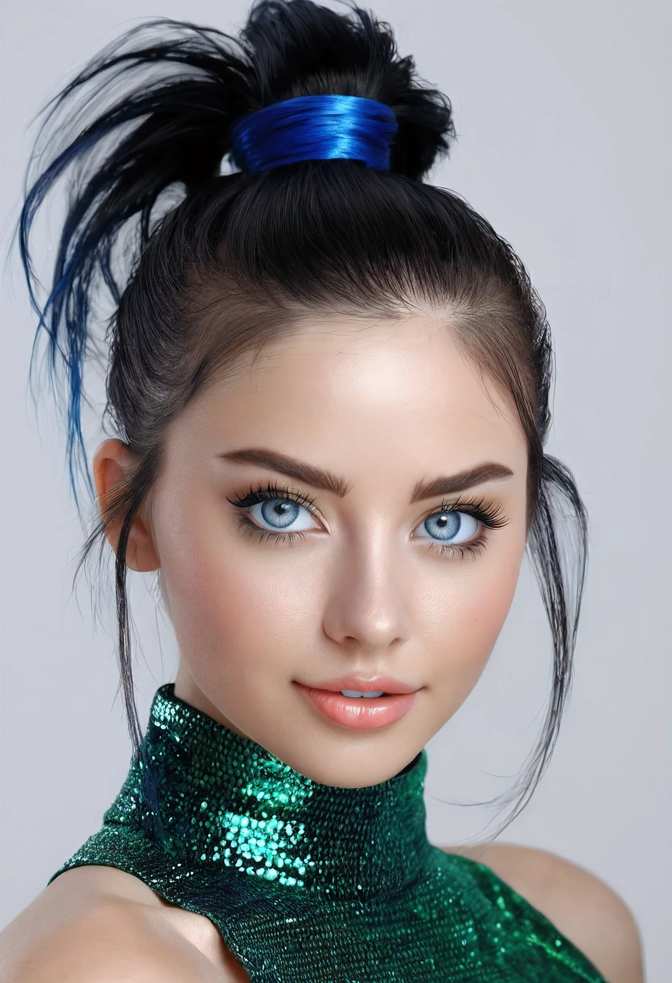 woman, beautiful face, perfection face, blue eyes完全に黒いポニーテールの髪, pale white skin, small smile, sexy, perfection, Face zoom in, Take a photo with your face close to a pure white wall, highest quality, be familiar with, Canon EOS 80D Photo, Tall face, indoor,
(1 girl), up hairstyle, very cute face, wonderful face and eyes, (Highly be familiar with eyes, Highly be familiar with face), Fresh, very beautiful appearance, (surreal, High resolution), (highest quality:1.4), (hyper quality), real skin texture, RAW photo, (realistic, Photoreal:1.37), Highly be familiar with, professional photography, 32k sexy female models , huge breasts, blue eyes, twintail blonde ,gold jewelry, High resolutionであり , Upper body, no background, studio lightning , she is wearing a lime green latex dress、wearing hyper puffy blue。