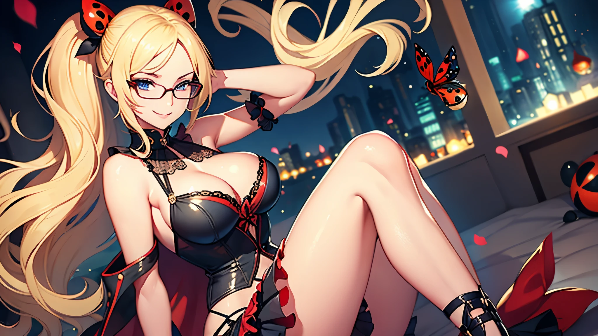 girl, ladybug outfit, sexy, shoulder-length hair, blonde, glasses, captivating smile, thighs, skirt, blue eyes, hair bows, ladybug, perfect, beautiful, lush, sensual, alluring, attractive, enticing, charming, seductive, enchanting, glamorous, appealing, stunning, graceful, elegant, irresistible, provocative, radiant, sultry, desirable, clothes.