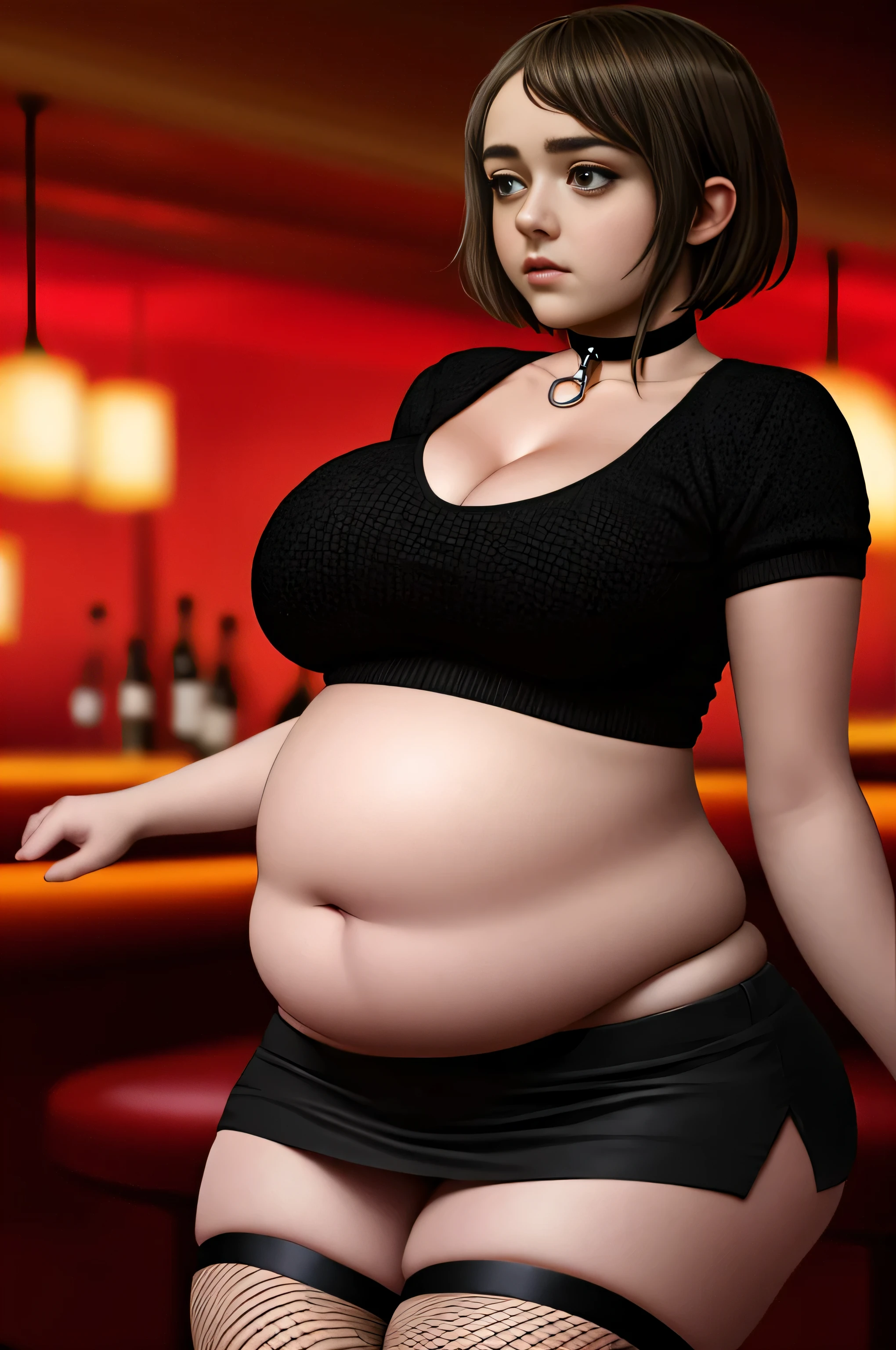 Maisie Williams, masterpiece quality, realistic, lots of detail, 1girl, solo, alone, (alone:1.9), in a fancy bar, short hair, wearing small black crop top, midriff, wearing black miniskirt, wearing choker collar, wearing fishnet stockings, chubby body, chubby belly, (chubby belly:1.2), big breasts, (big breasts:1.3), lots of cleavage, seductive face,