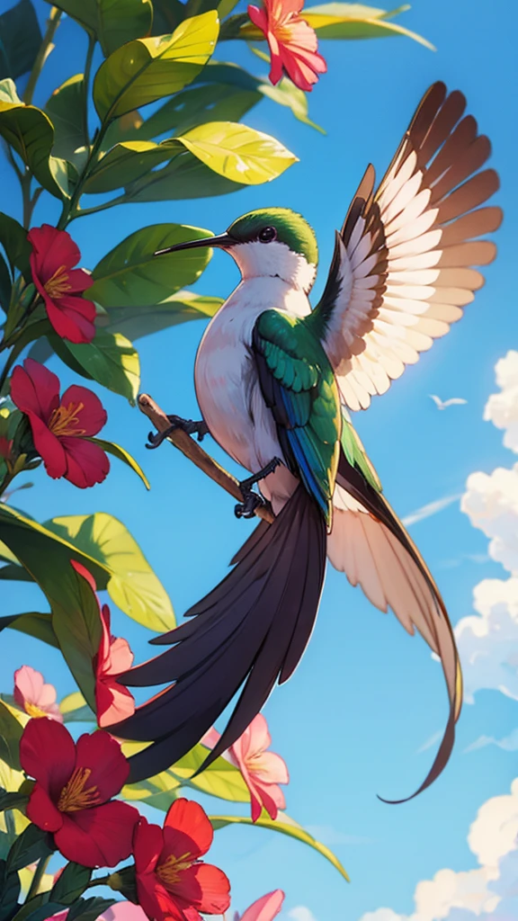 a hummingbird eating a flower,close-up, vibrant colors, delicate feathers, detailed wings, intricate beak, hovering in air, fast movements, tropical garden, lush foliage, blooming flowers, bright sunlight, iridescent feathers, nectar feeding, pollination, graceful flight