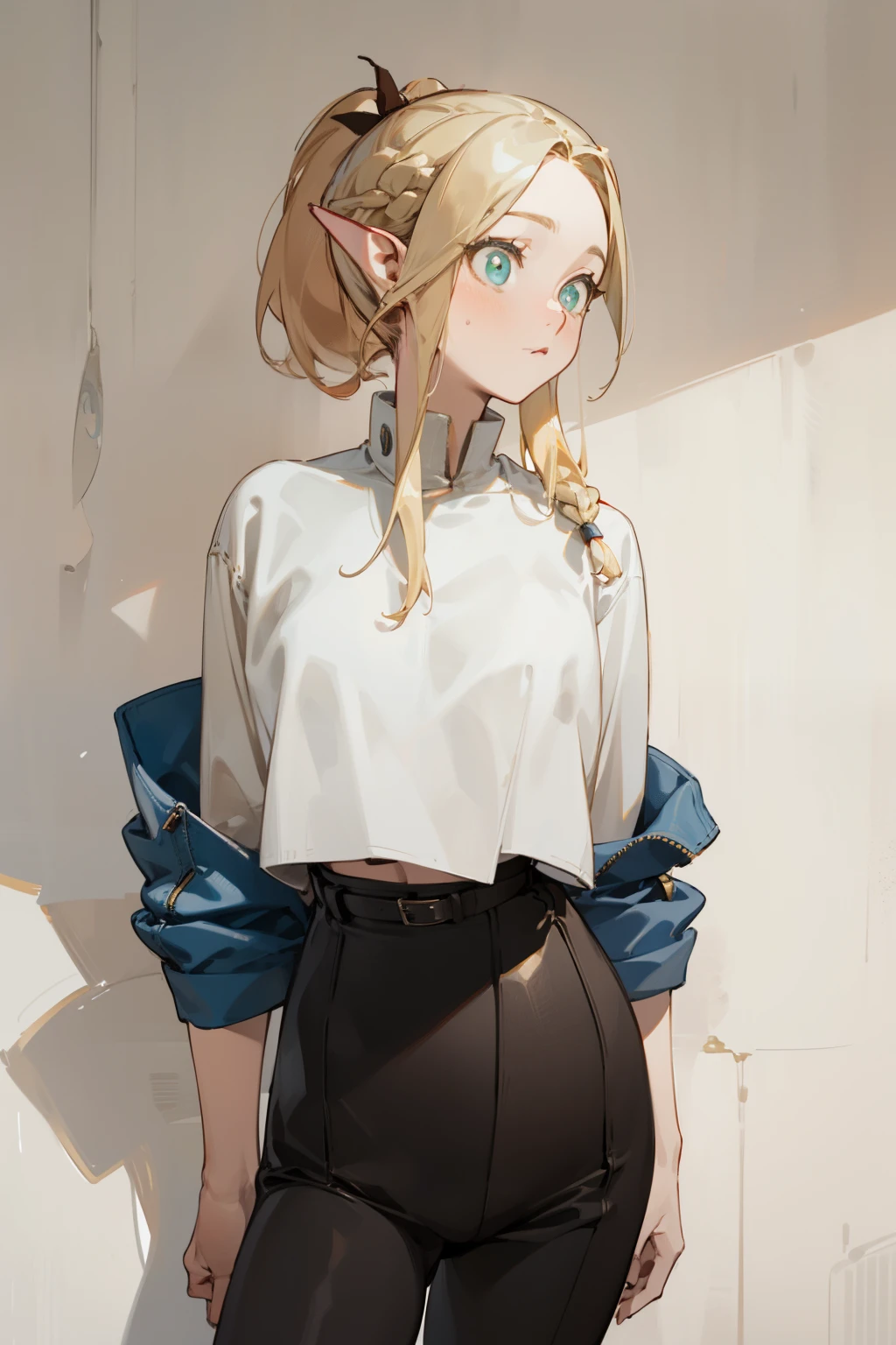 pantyhose，tight leather pants，white top，boots， fashion clothing，long golden hair，single ponytail，high ponytail， bust and waist，beautiful blonde，（masterpiece），（（best quality）），（super detailed），（beautiful eyes beautiful details eyes，Clean and delicate face）