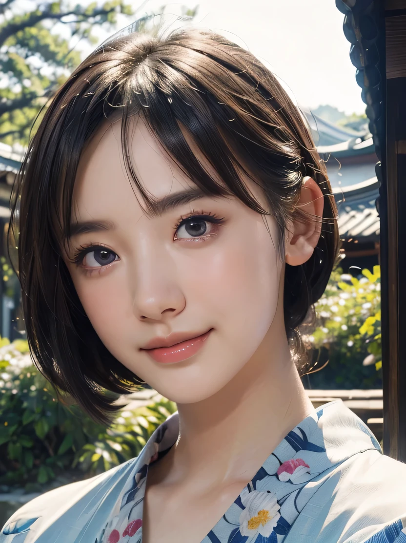 ((masterpiece、highest quality、Super detailed、High resolution、realistic、sharp focus、cinematic lighting))、((1 female、bust shot))、close up of face、face light、Beautiful girl wearing a blue floral kimono、young、pretty girl、famous japanese idol、black hair、short hair、front、very delicate and beautiful、highly detailed skin、Fair skin、shiny skin、18-year-old、 smile、highly detailed nose、highly detailed mouth、cute face、beautiful scenery、view audience、Japanese village at midday、1 girl