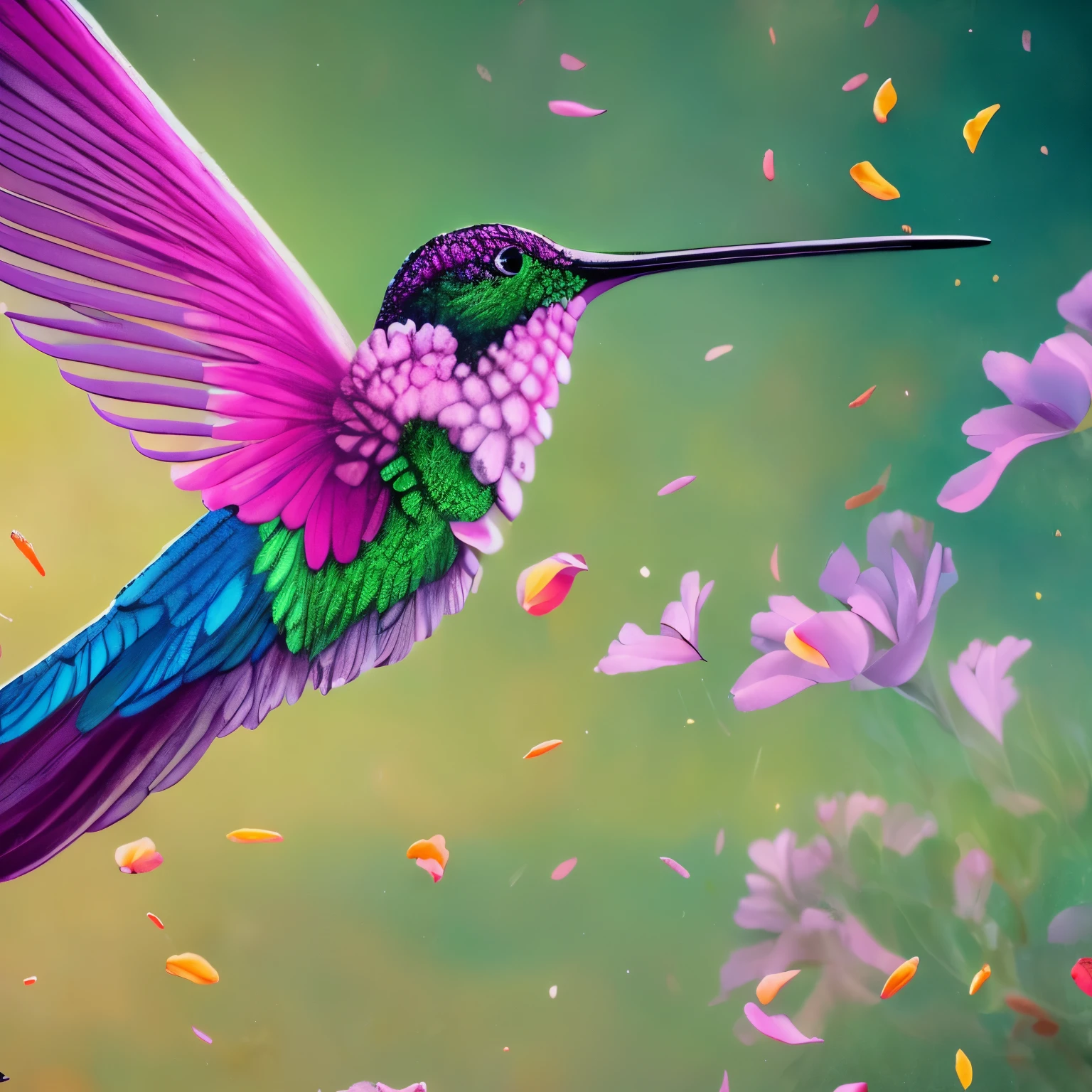 masterpiece, hummingbird, wind, wind-effect, background fantasy art, pastel colored forest