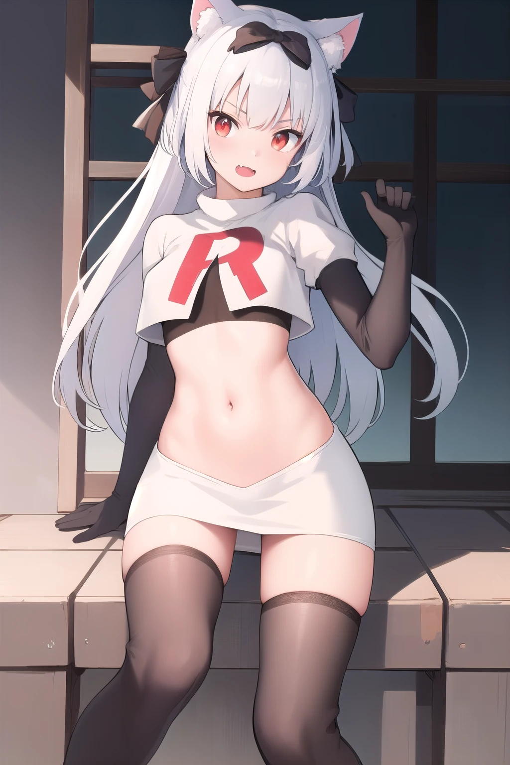 (masterpiece, best quality:1.2),illustration,8k,hd,1girl,solo,animal_ears,cat_ears,bow,long_hair,hair_bow,white_hair,bangs,medium_breasts,black_bow,ribbon,fang,twintails,animal_ear_fluff,red_eyes,hair bow,navel,team rocket,team rocket uniform,white skirt,red letter R,crop top,black thigh-highs,black elbow gloves