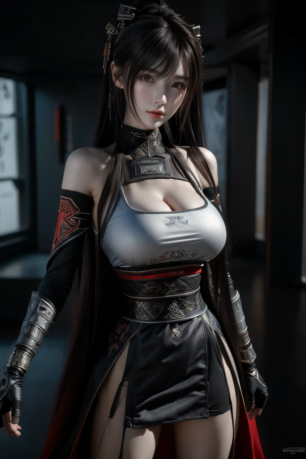 Masterpiece,Game art,The best picture quality,Highest resolution,8K,(Portrait),Unreal Engine 5 rendering works,(Digital Photography),((Portrait Feature:1.5)),
20 year old girl,Short hair details,With long bangs,(The red eye makeup is very meticulous),(With long gray hair:1.4),(Large, full breasts),Elegant and noble,Brave and charming,
(Future armor combined with the characteristics of ancient Chinese armor,Hollow design,Power Armor,The mysterious Eastern runes,A delicate dress pattern,A flash of magic),Warrior of the future,Cyberpunk figures,Background of war,
Movie lights，Ray tracing，Game CG，((3D Unreal Engine))，OC rendering reflection pattern