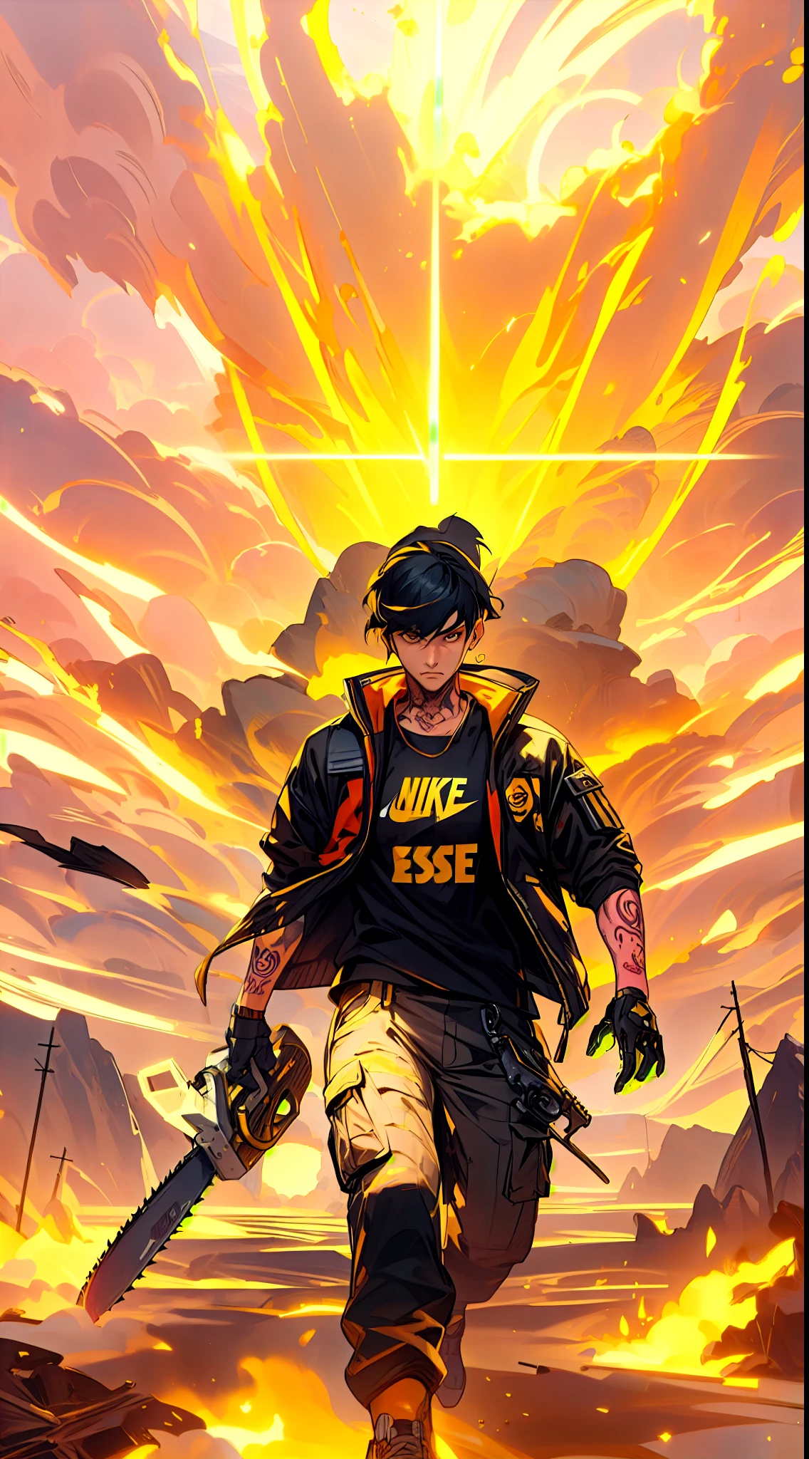 boy wearing nike outfit, black & red jacket and cargo pants, black hair, tattooed body, holding a chainsaw, action pose, sunset over a beach with a mountain, background, confident posture, freedom, soul, digital illustration, comic style, centered, dynamic, highly detailed, artstation, concept art