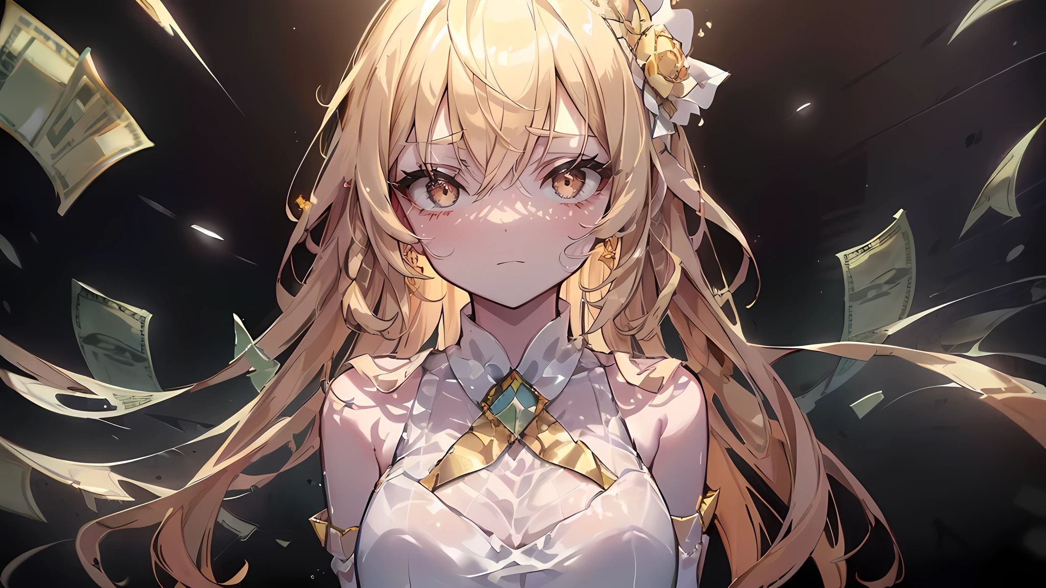 1 girl, standing, ((wearing party dress)), (long blonde hair in view, in frame, pale skin, ((brown eyes)), (glowing_eyes, luminescent eyes), ((ultra detailed eyes:0.7, beautiful and detailed face, detailed eyes:0.9)), (centered), semile, (wide shot), ((vibrant background of corporate building, flying money, bright lighting, summer, sunlight)), normal breast, looking at viewer, ((head:1, hips, elbows, arms in view)), ((hands behind back:0.7)), beautiful lighting, defined subject, (************), ((cool looking)), ((glare)), ((half body:0.6))