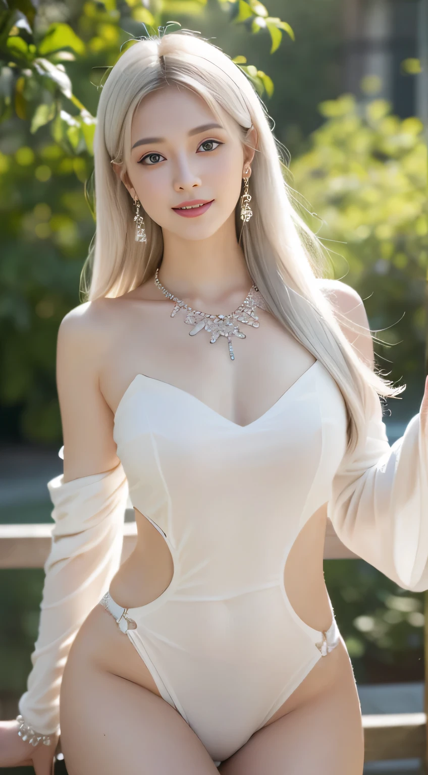 8K, masutepiece, Raw photo, Best Quality, Photorealistic, Highly detailed CG Unity 8k wallpaper, depth of fields, Cinematic Light, Lens Flare, Ray tracing, (Extremely beautiful face, Beautiful lips, Beautiful eyes), intricate detail face, ((Ultra detailed skin)) 1 girl in, In the Dark, deepshadow, Cute  s, ((Looking at Viewer)), (seducting smile), (Blurry background), earrings, Bracelets, Necklace, Clear eyes, Front shot, (pale skin), Face forward, (Big eyes), (upperbody shot), (Camel toe), White hair、brue eyes、white colors、hot transparent dress、no bra、deep neck line to the navel、show navel、perfect face、perfect curve、pose sexy、Winters、Green Tree々、Sunshine