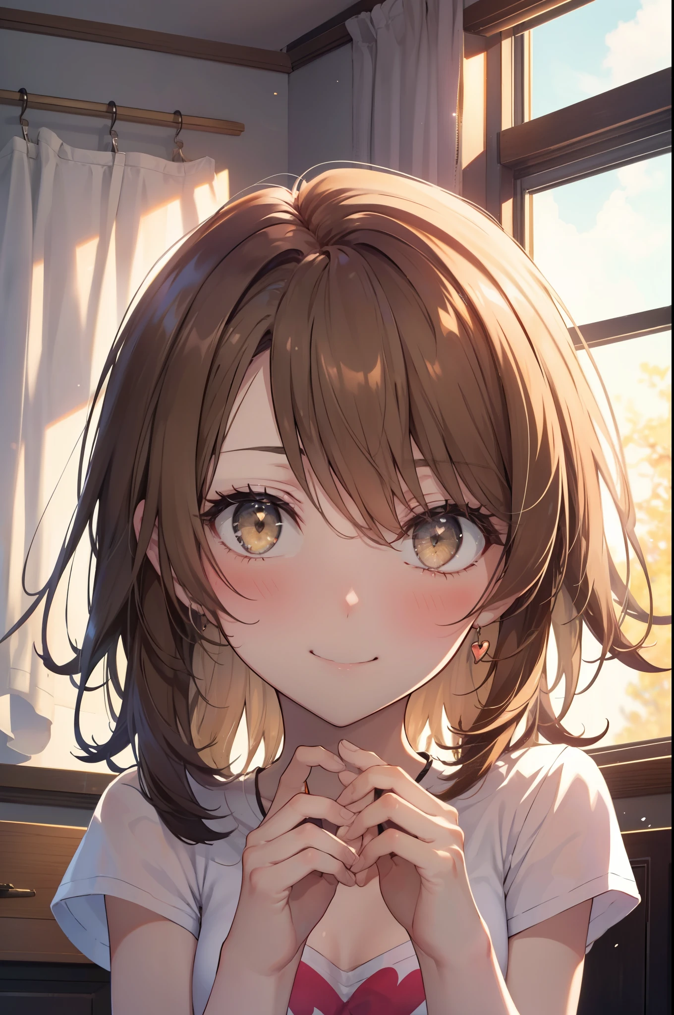 irohaisshiki, iroha isshiki, long hair, light brown hair, (brown eyes:1.5), smile,looking at the viewer, heart-shaped eyes, blush,show viewer, from below, concentrated, Beyond the particles of light, ラブホテルのBedroom,open white t-shirt,black string underwear,Medium chest,sitting on the bed,morning日,morning,sunrise,
break indoors, Bedroom,
break looking at viewer,
break (masterpiece:1.2), highest quality, High resolution, unity 8k wallpaper, (figure:0.8), (detailed and beautiful eyes:1.6), highly detailed face, perfect lighting, Very detailed CG, (perfect hands, perfect anatomy),