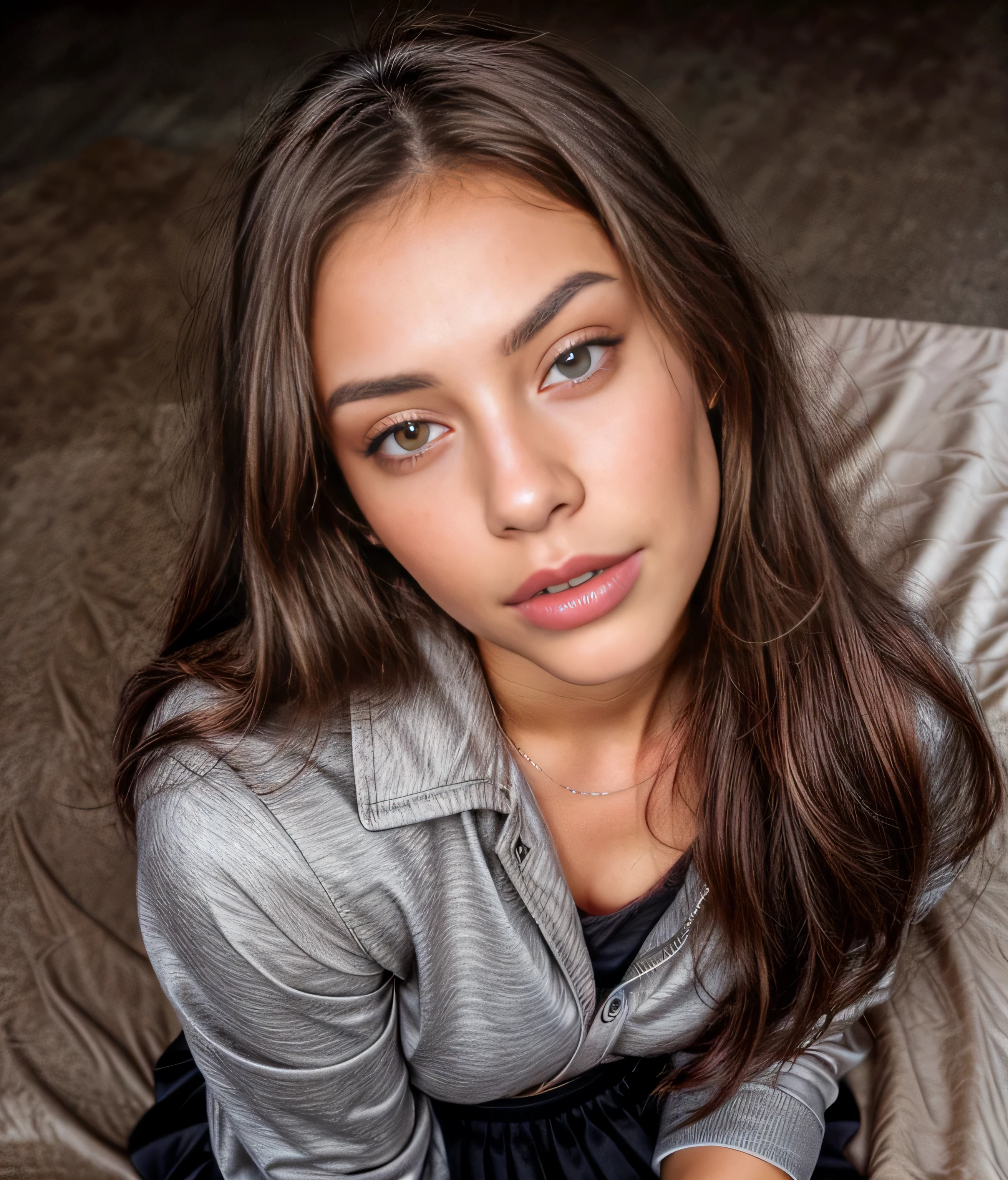 Una hermosa joven blanca mirando hacia arriba, cabello oscuro y liso, light brown eyes, sus labios deben ser carnosos y atractivos con un tinte rosado natural, foto de instagram (piel texturizada, poros de la piel:1.1), (moles:0.8), piel imperfecta, cara perfecta. foto desde arriba. chaqueta oscura, camisa gris, falda