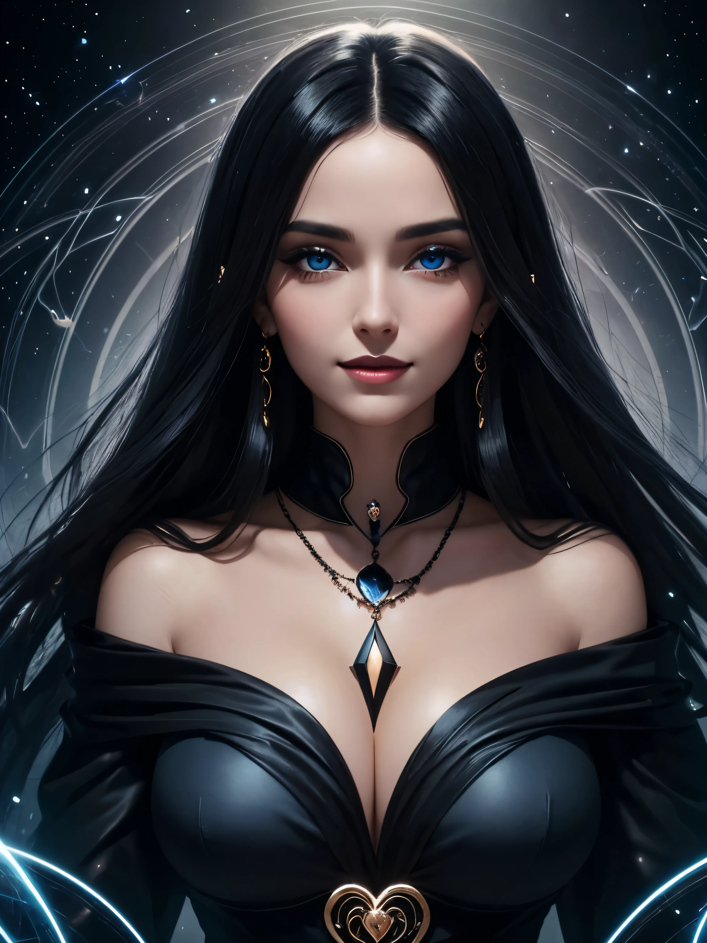 Portrait, beautiful woman with black hair and a silky black dress, wearing a large heart-shaped necklace, hourglass figure, symmetrical figure, highly detailed face, beautiful face, calming blue eyes, lush black lips, smiling, alluring, stunning digital illustration, mysterious quantum environment, cosmic elements and ethereal atmosphere