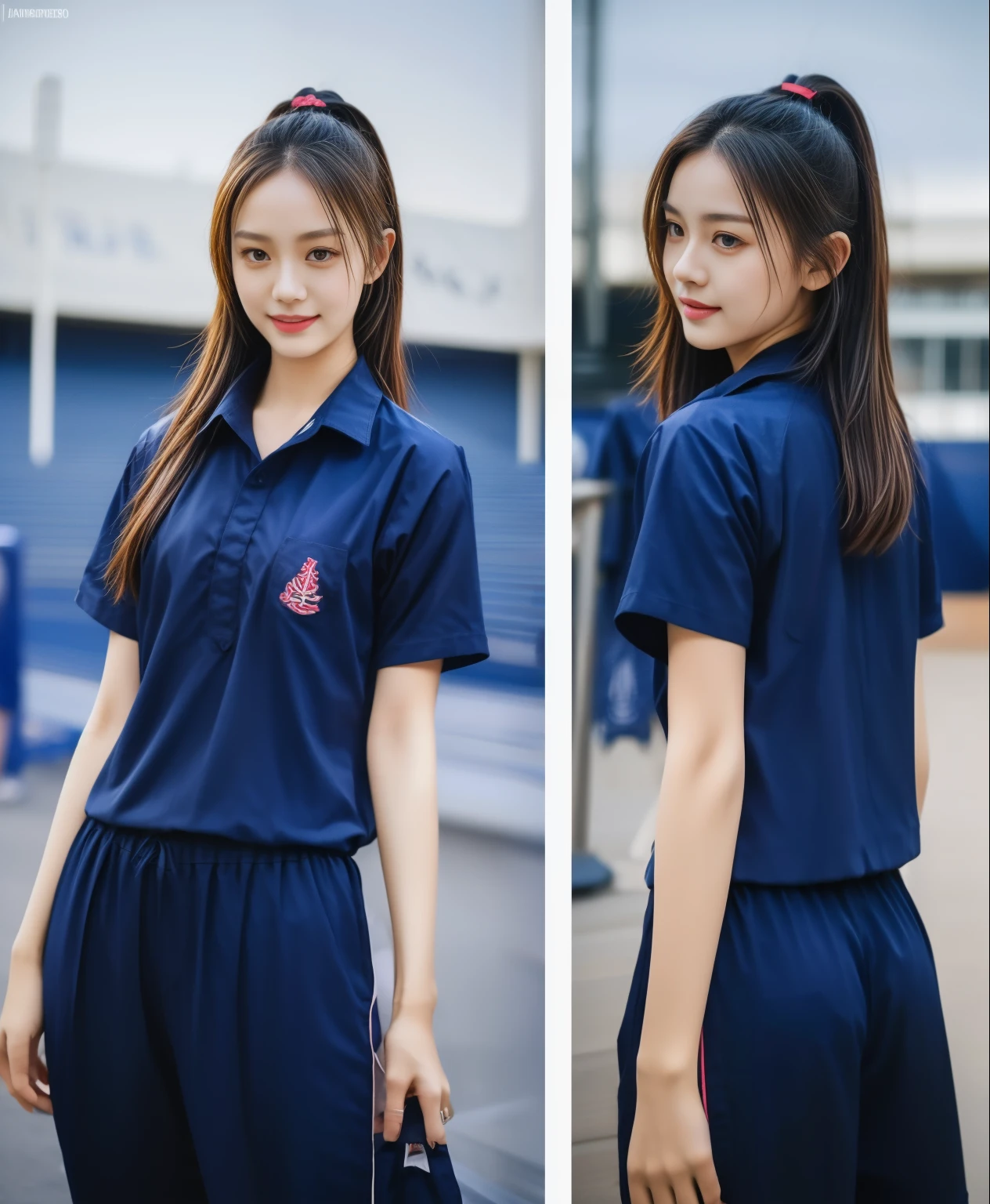 (best quality,10,10,height,Masterpiece:1.2),Special details,(realistic,ภาพrealistic,Realistic photos:1.37),1 cute girl on the football field,shiny, ผิวshiny,only,smile softly,BDclothelue shirt:1.3)),short sleeve,shirt, กางเกงขาlong.,(navy_long_track pants:1.1), ((stadium background:1.3)),Dynamic angle,excited,Face focus,dynamic poses,from behind,focus on ass,Masterpiece, best quality, ultra realistic, hyper-detail, 8K resolution, raw photos, Sharp focus, ((Navy blue shirt:1.1)), short sleeve, เส้นทางlong, perfect body, 2 mature women, 18 years old, Cinema-grade lighting system,blue sweatpants,shirtผ้าออกกำลังกาย,correct anatomy,perfect body, correct body, Sharp face, correct bodyทางกายวิภาค, full body, realistic gestures, long-haired, realistic poses,Wear long shorts................................,ช่วงขาlong,Good shape,carved girl, Slender figure, model, Good shape, beautiful body,blue sweatpants, two girls kissing