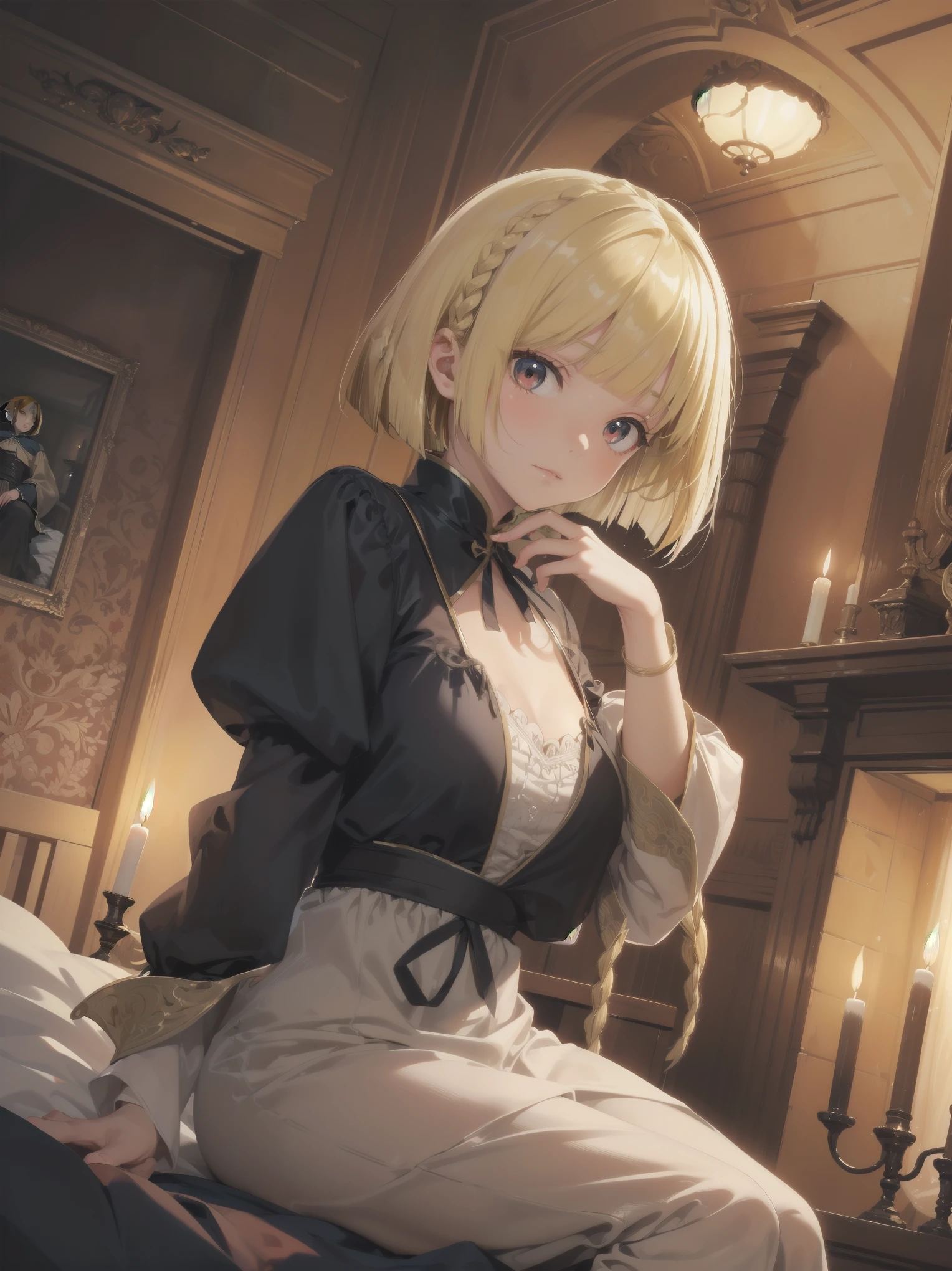 (masterpiece, top quality), (absurd resolution), (8K), (detailed beautiful face and eyes), (detailed illustrations), (super fine illustrations), (vivid colors), (professional lighting), nice hands, perfect hands, BREAK cinematic angle, Dutch angle, (close-up, medieval European, sitting bed: 1.3), BREAK (Dragon Quest style), 1 girl, solo, (blonde one length bob cut braided: 1.6), red eyes, china like skin, shiny hair, (big eyes: 1.2), BREAK expression, neckline ribbon: 1.4), lesaxi-length long sleeve, linen, beige negligee, BREAK (night: 1.3), indoor, ( Stockholm, 1920 Europe), (old western room, canopy bed, furniture, fireplace, candleagnificent view), (cinematic shadows, cinematic lighting), (blurred background),