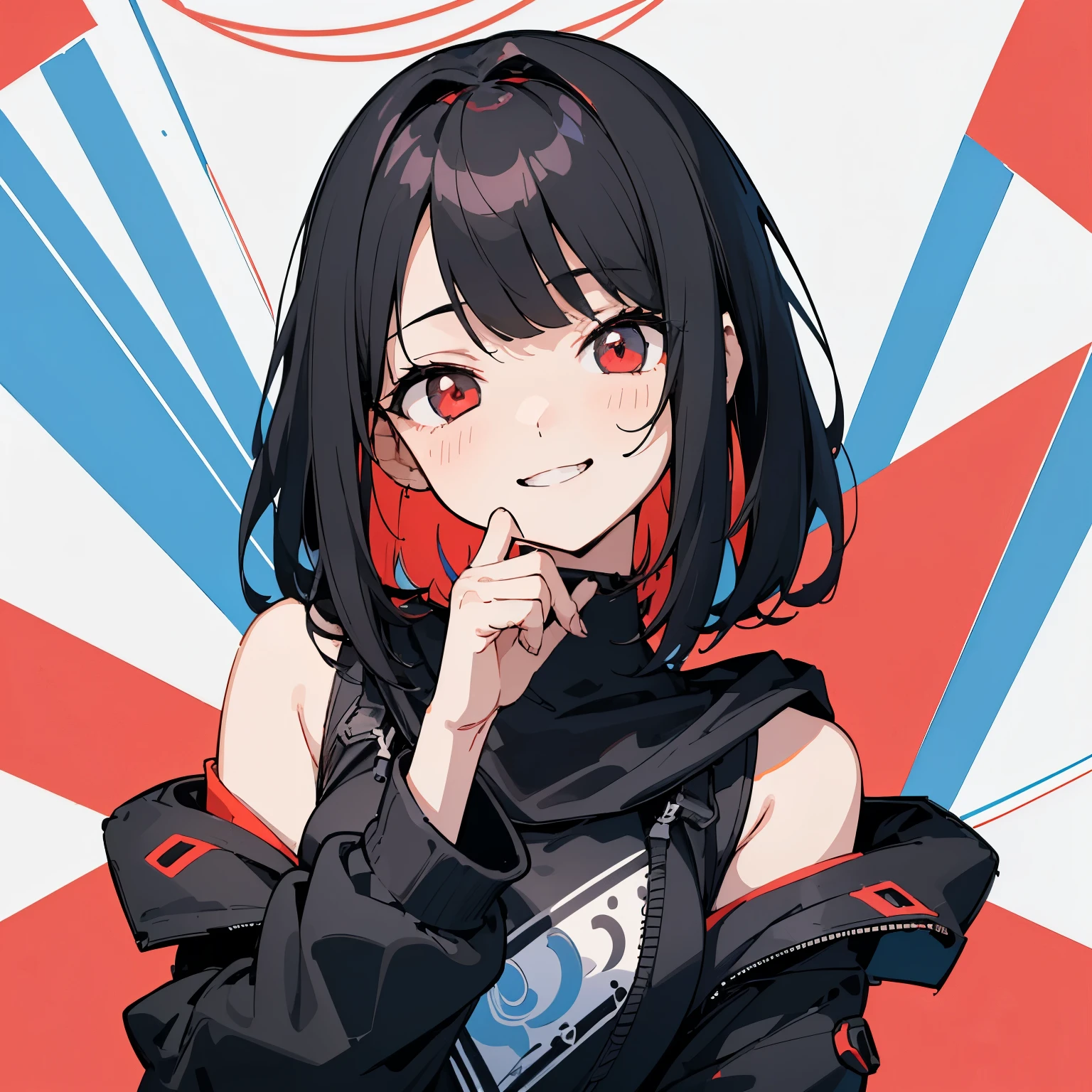 (Top quality illustrations:1.2)、(cool girl:1.0)、(1 girl、solo:1.0)、(short black hair:1.0)、(black hoodie:1.0)、(Upper body:1.0)、(super detailed) 、High resolution、4k:1.0)、hair length、red mesh、Gaoh Pose、cute、Ninmari、mesh shoulders、A little cyber feeling、cool smile、cool composition、Uplifting