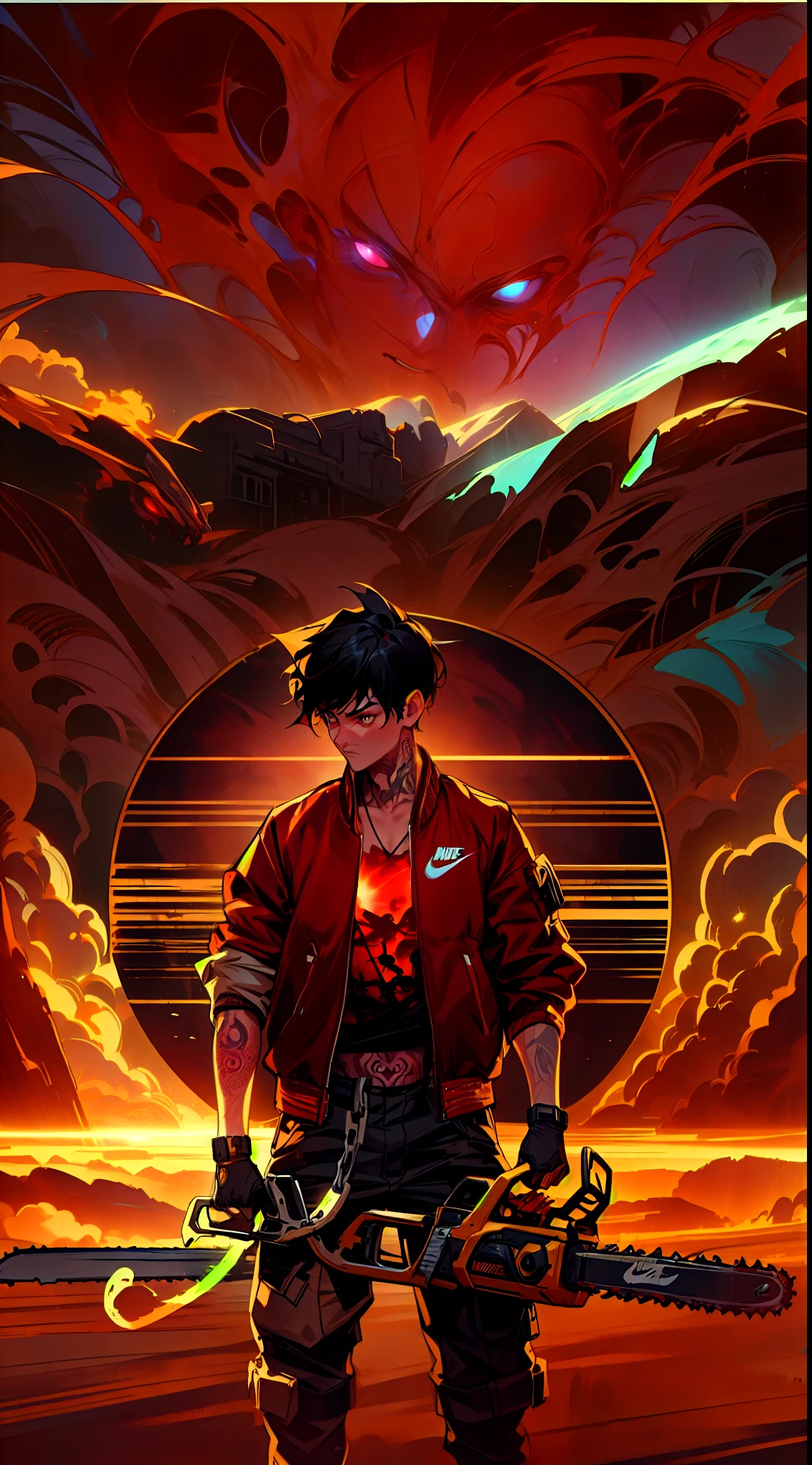 boy wearing nike outfit, black & red jacket and cargo pants, black hair, tattooed body, holding a chainsaw, action pose, sunset over a beach with a mountain, background, confident posture, freedom, soul, digital illustration, comic style, centered, dynamic, highly detailed, artstation, concept art